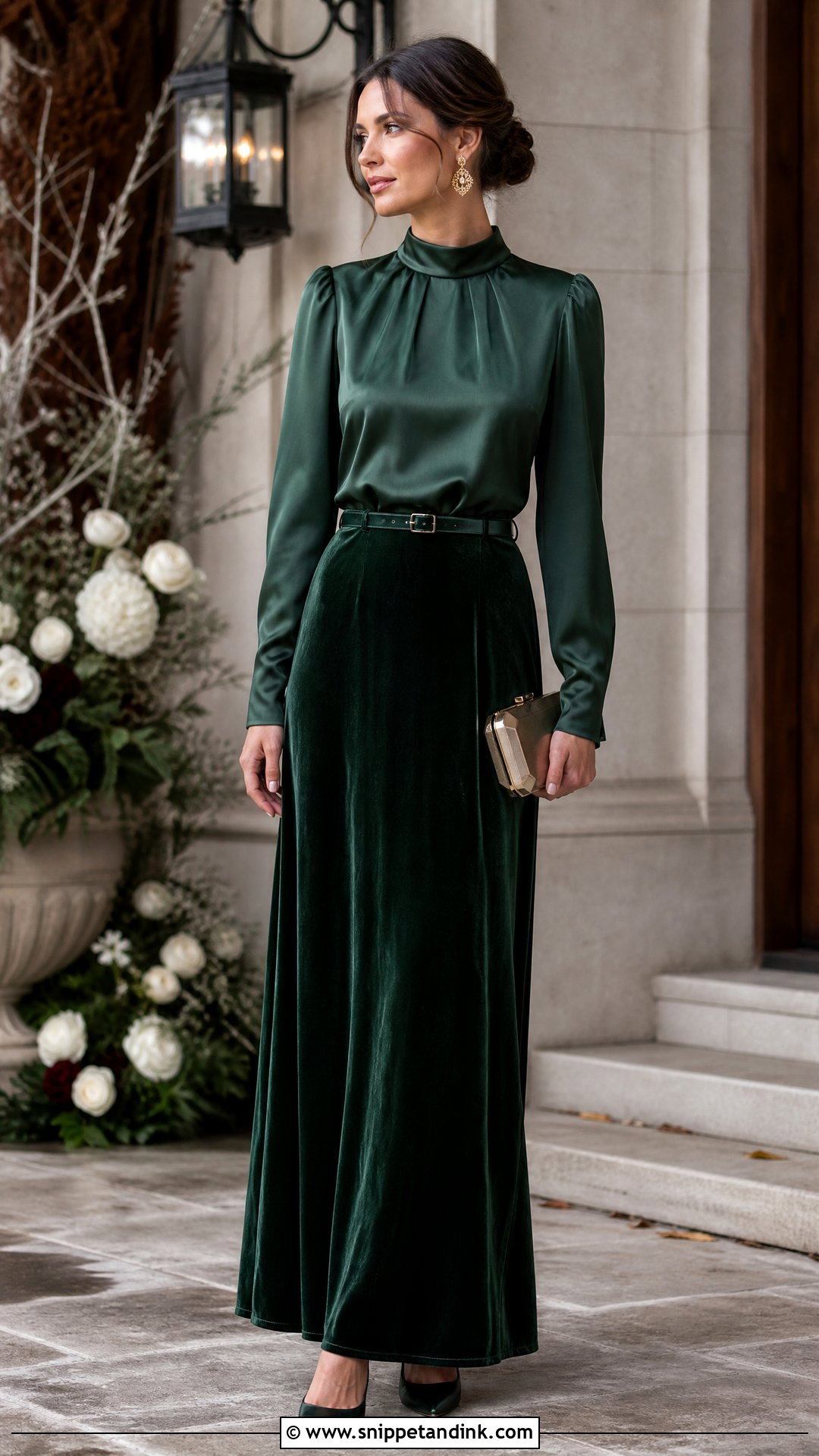 Velvet Skirt And Satin Blouse Bridesmaid Outfit - Snippet and Ink - 20 Fall Wedding Party Attire Ideas
