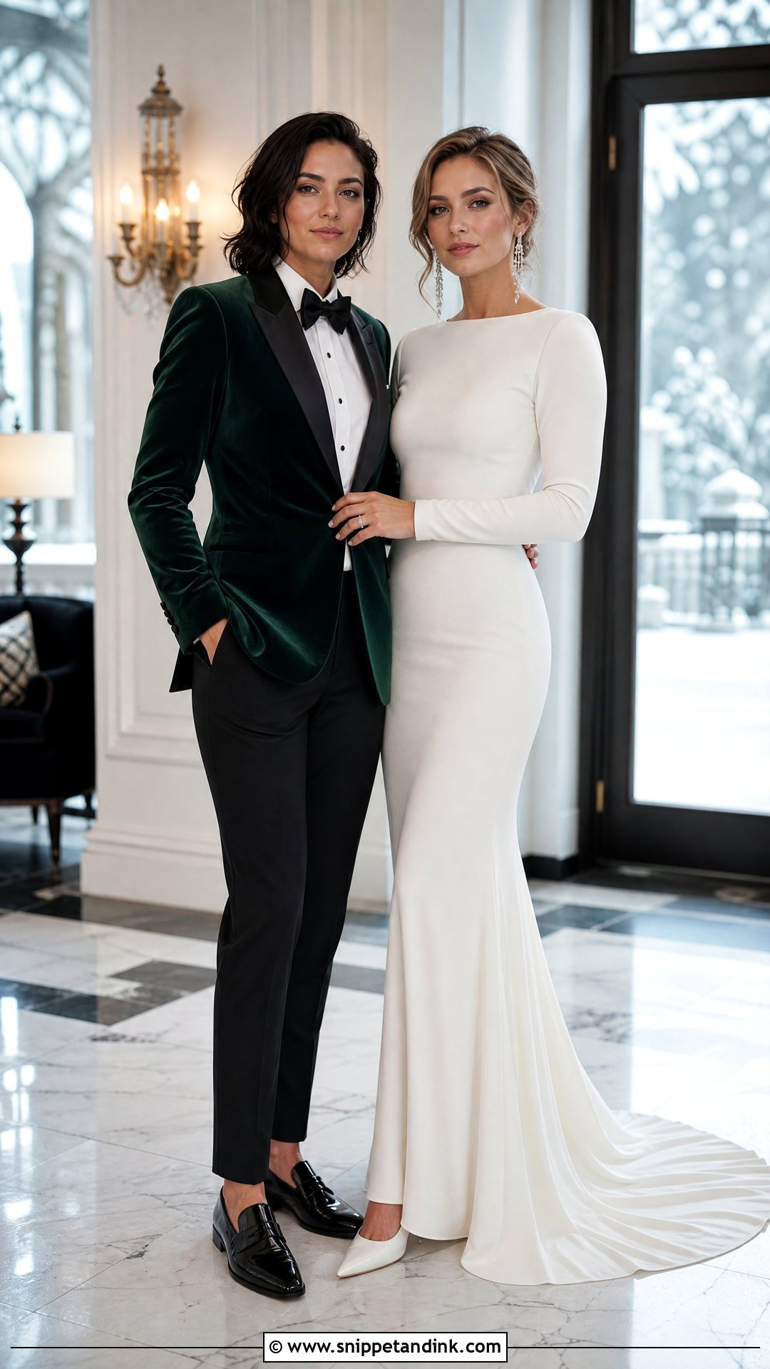 Velvet Tuxedo And Long Sleeve Wedding Dress - Snippet and Ink - 20 WLW Wedding Suit and Dress Ideas