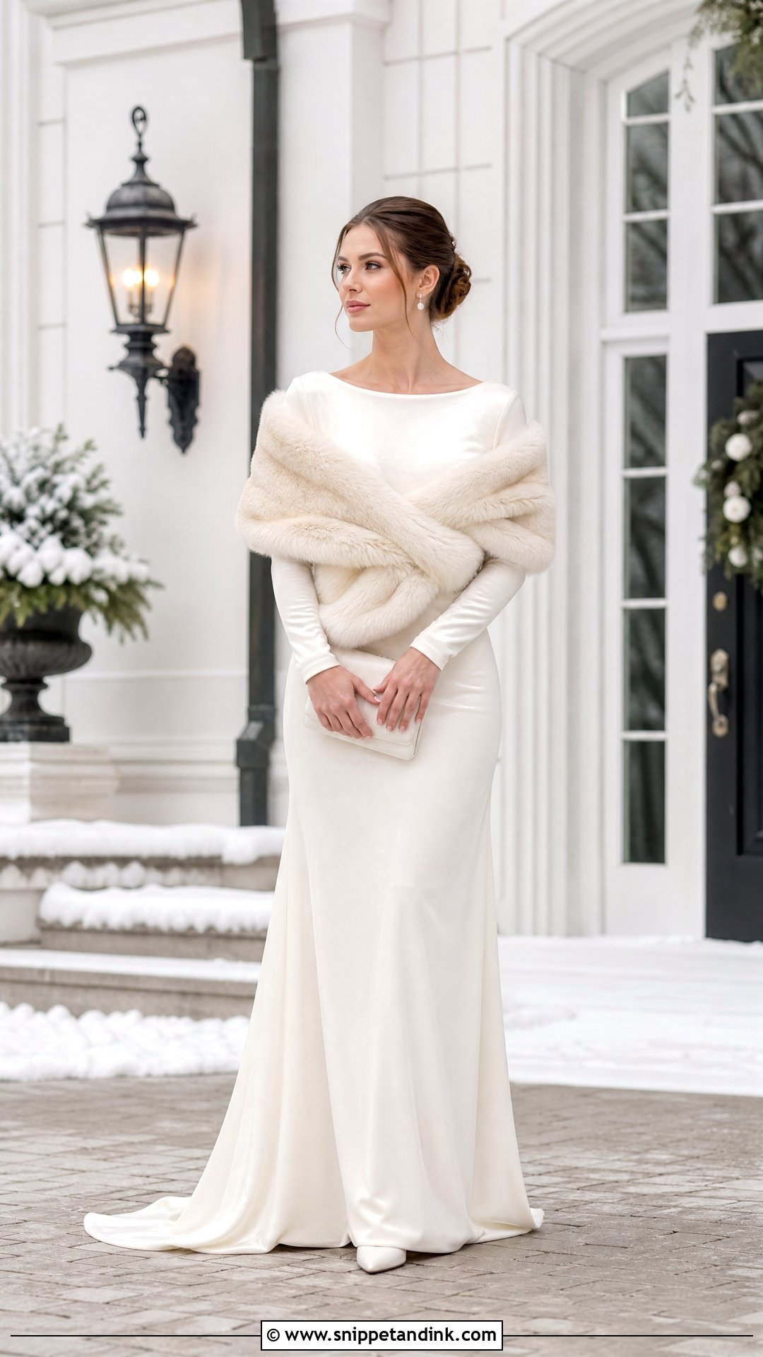Velvet Wedding Dress With Faux Fur Wrap - Snippet and Ink - 25 Velvet Wedding Dress Ideas