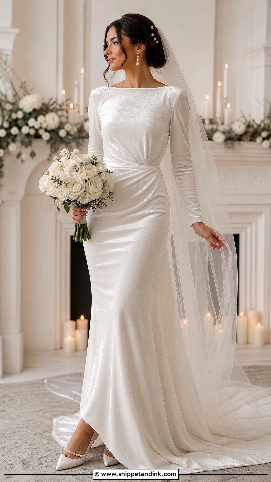 Velvet Wedding Dress With Pearl Accessories - Snippet and Ink - 25 Velvet Wedding Dress Ideas