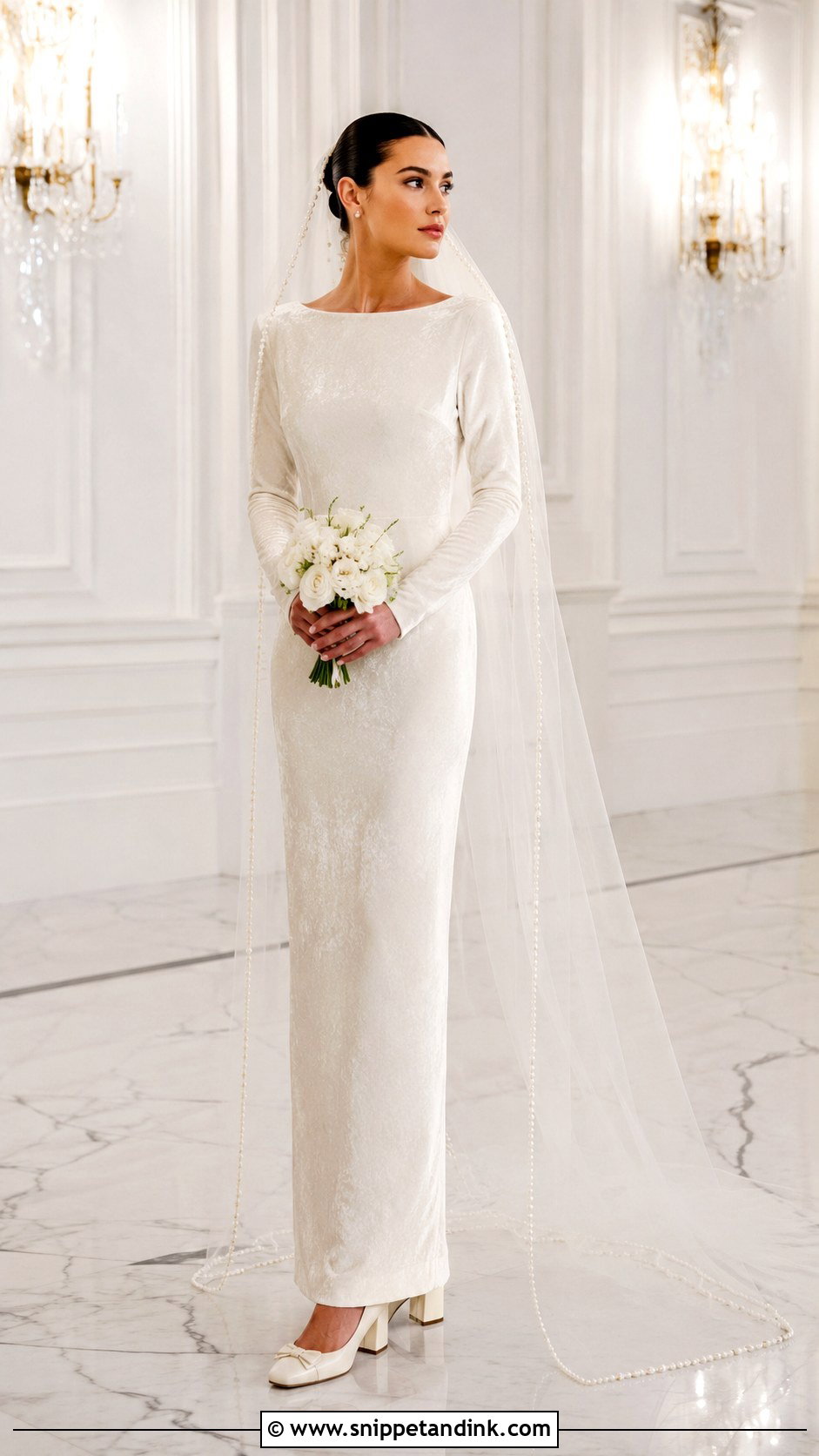 Velvet Winter Bridal Gown With Pearl Accessories - Snippet and Ink - 20 Winter Bridal Outfit Ideas