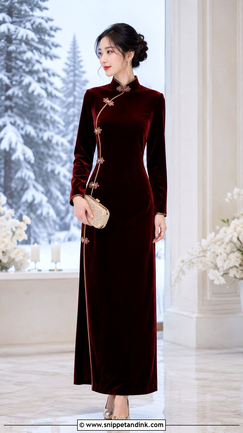 Velvet Winter Wedding Qipao With Long Sleeves - Snippet and Ink - 20 Wedding Qipao Ideas