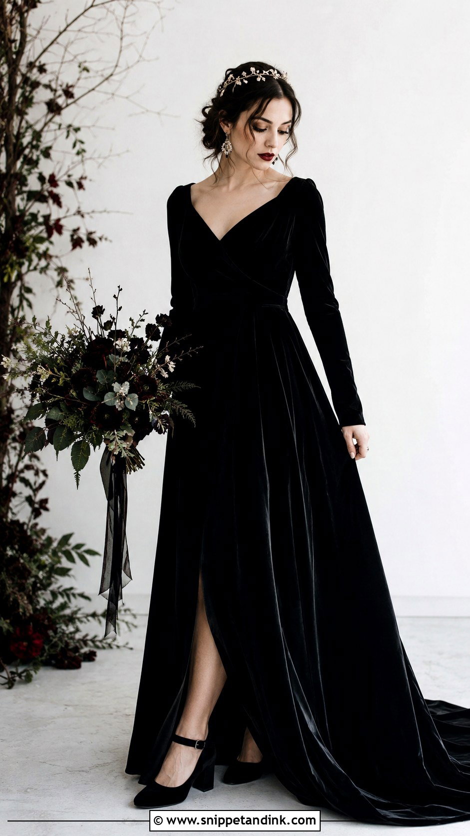 Velvet Witchy Wedding Dress With Long Sleeves - Snippet and Ink - 30 Witchy Wedding Dress Ideas