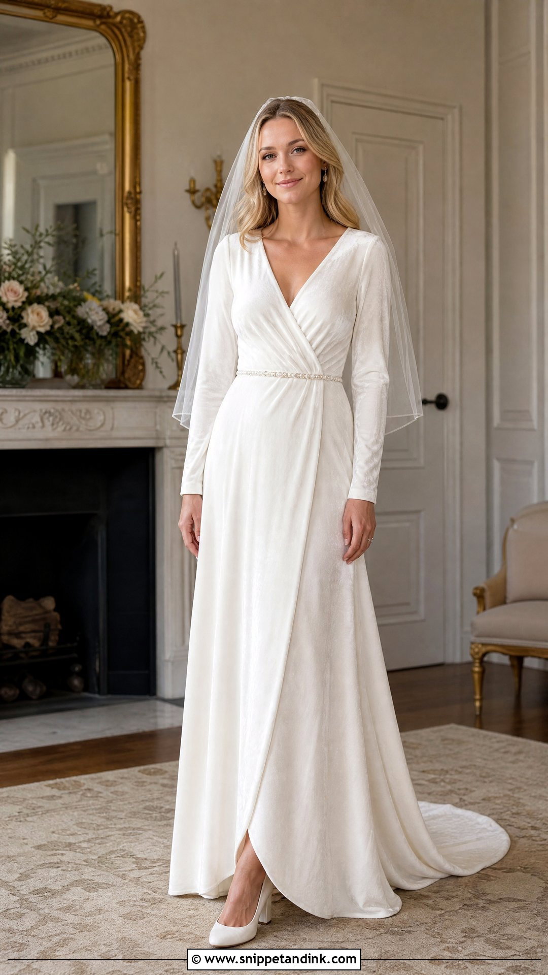 Velvet Wrap Bridal Dress With Long Sleeves - Snippet and Ink - 20 Velvet Bridal Dress Ideas