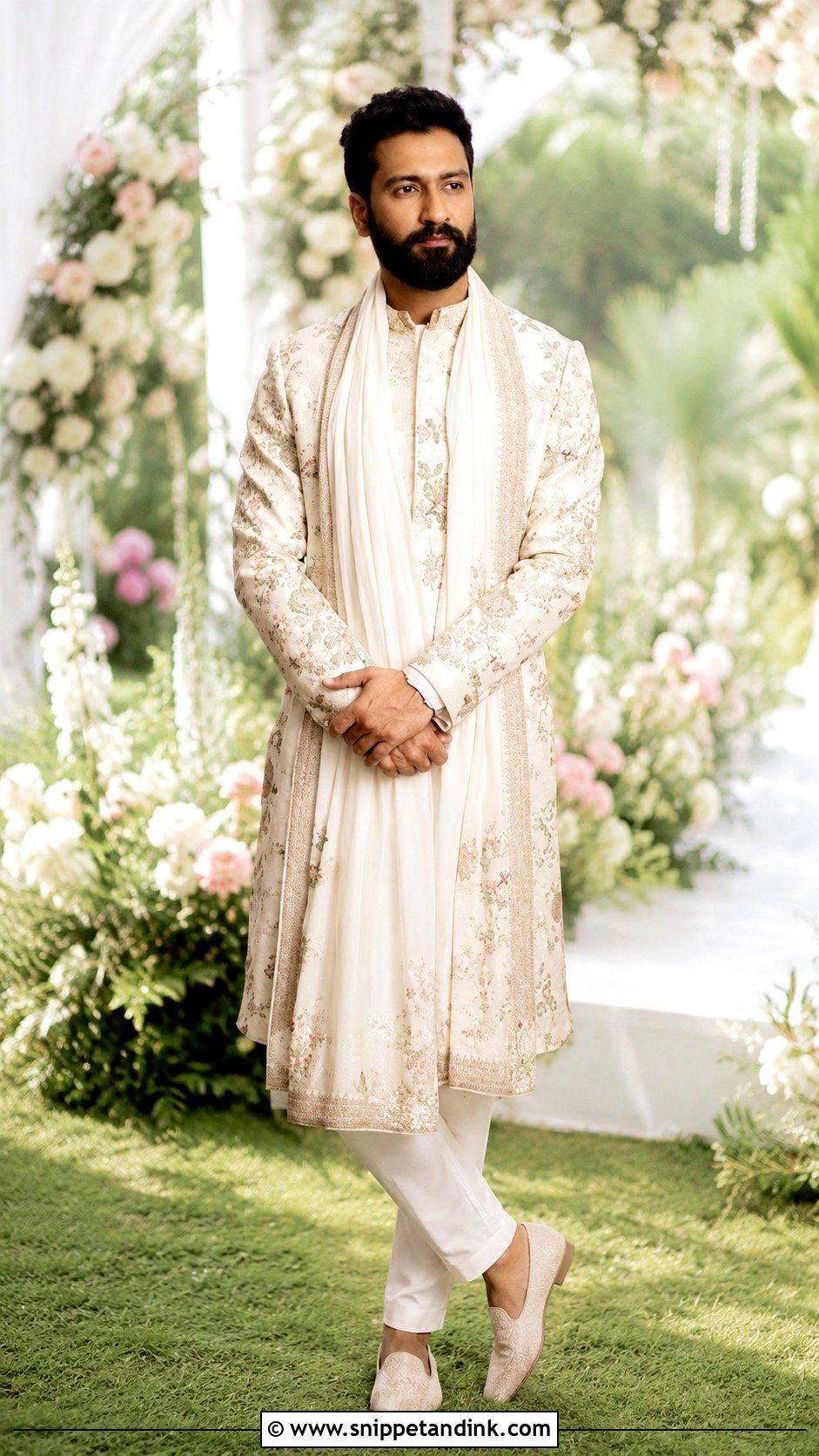 Vicky Kaushal Floral Sherwani Outfit - Snippet and Ink - 25 Vicky Kaushal Wedding Outfit Ideas