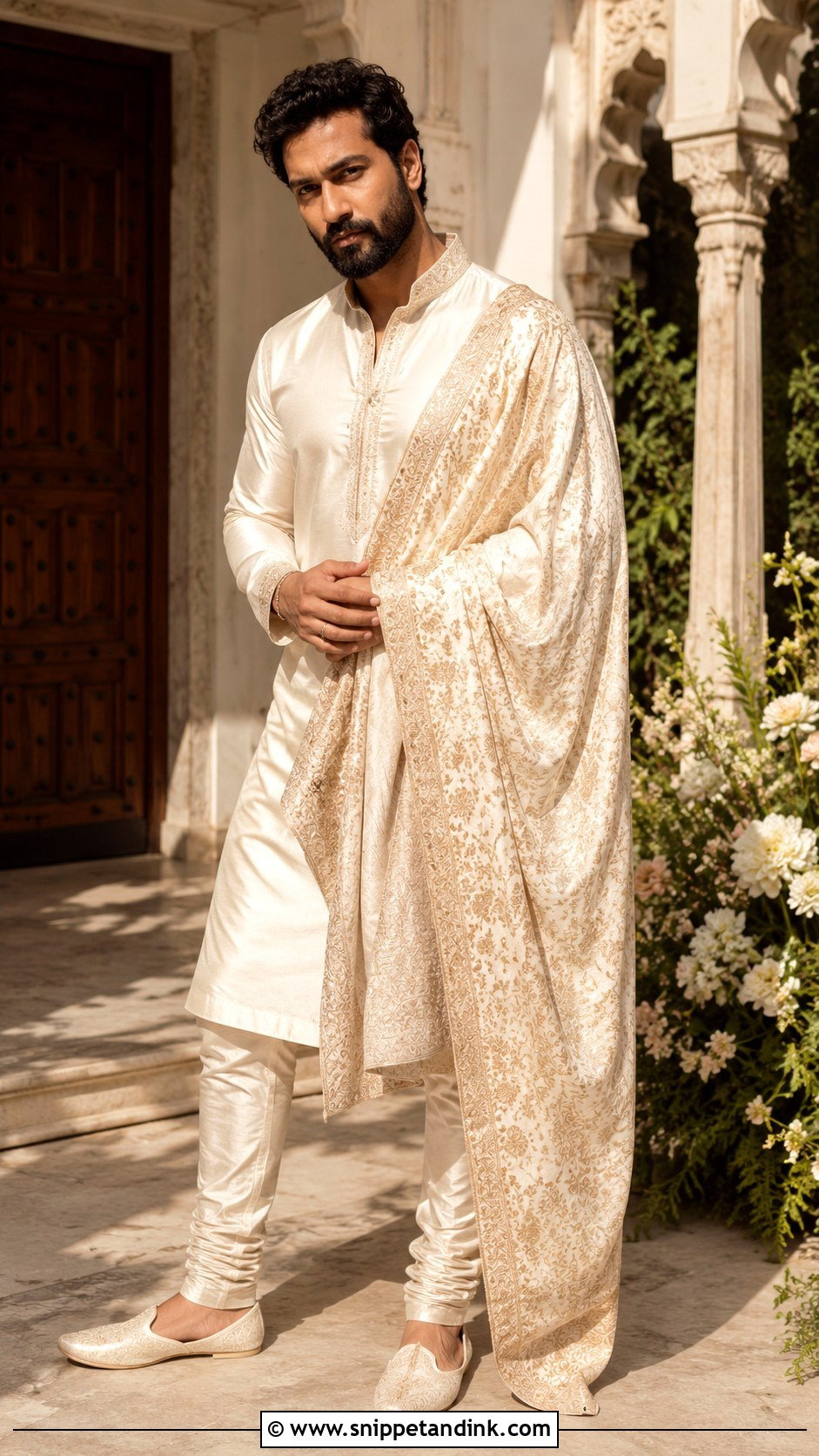 Vicky Kaushal Ivory Kurta With Shawl Outfit - Snippet and Ink - 25 Vicky Kaushal Wedding Outfit Ideas