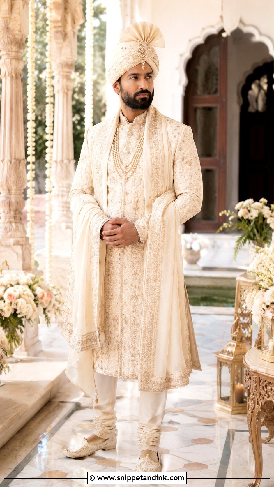 Vicky Kaushal Ivory Sherwani With Safa Outfit - Snippet and Ink - 25 Vicky Kaushal Wedding Outfit Ideas