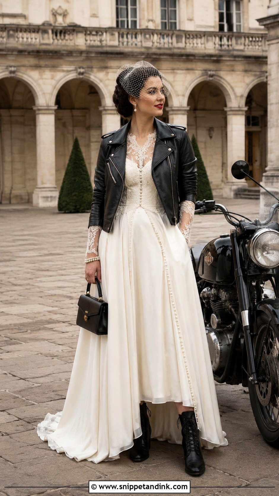 Vintage Biker Wedding Dress With Classic Leather Jacket - Snippet and Ink - 20 Biker Wedding Dress Ideas