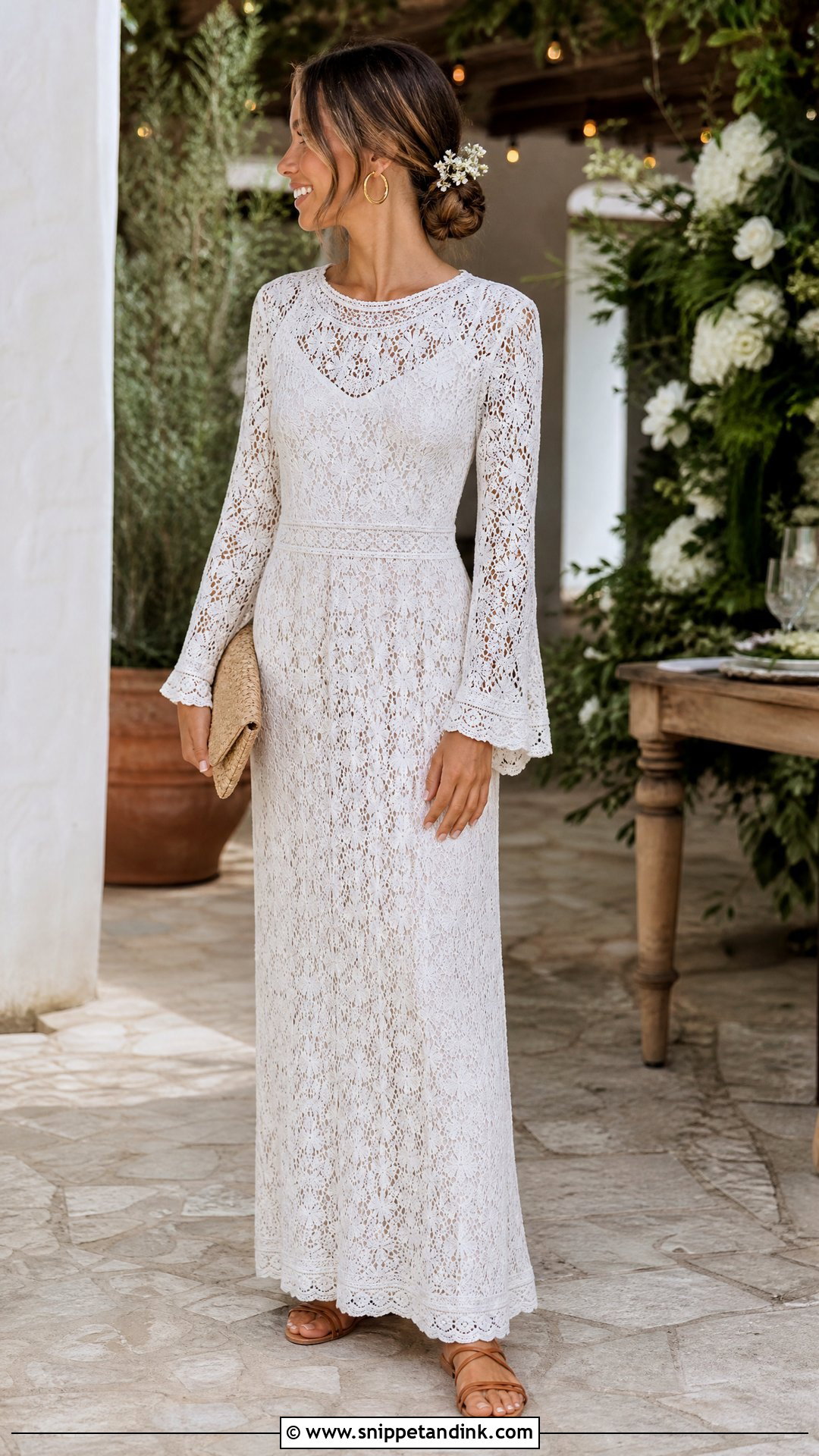 Vintage Bohemian Crochet Wedding Dress With Sandals - Snippet and Ink - 20 Vintage Bohemian Wedding Dress Ideas