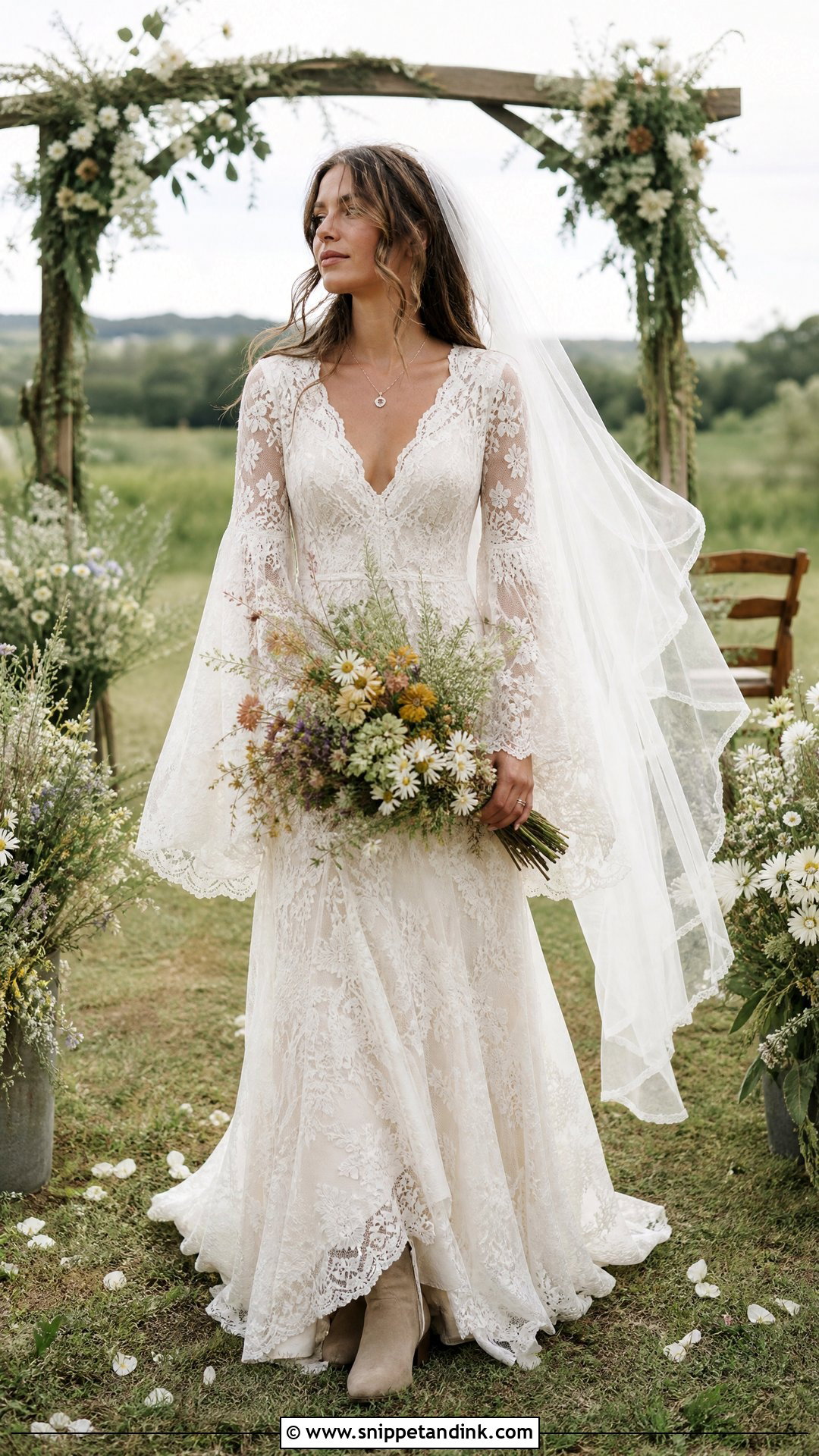 Vintage Bohemian Lace Wedding Dress With Bell Sleeves - Snippet and Ink - 20 Vintage Bohemian Wedding Dress Ideas