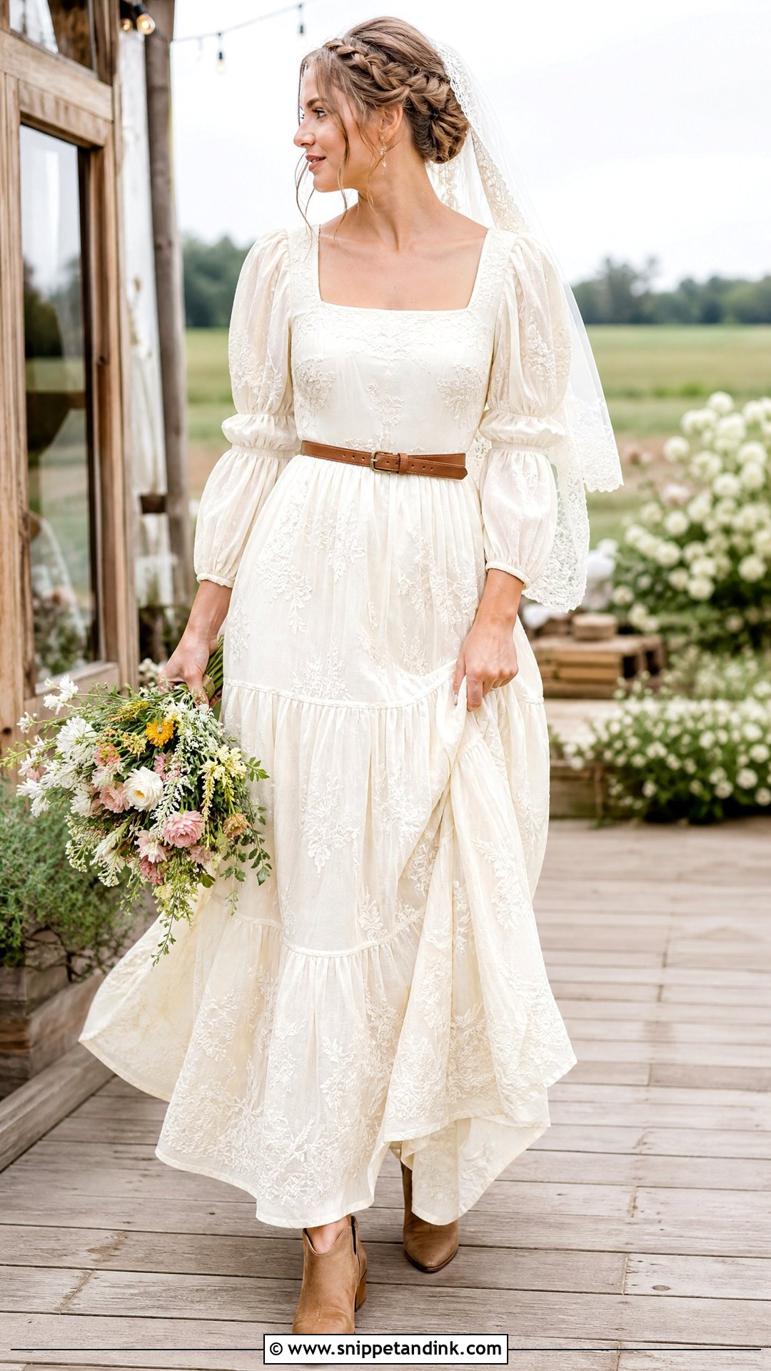 Vintage Bohemian Prairie Wedding Dress With Boots - Snippet and Ink - 20 Vintage Bohemian Wedding Dress Ideas