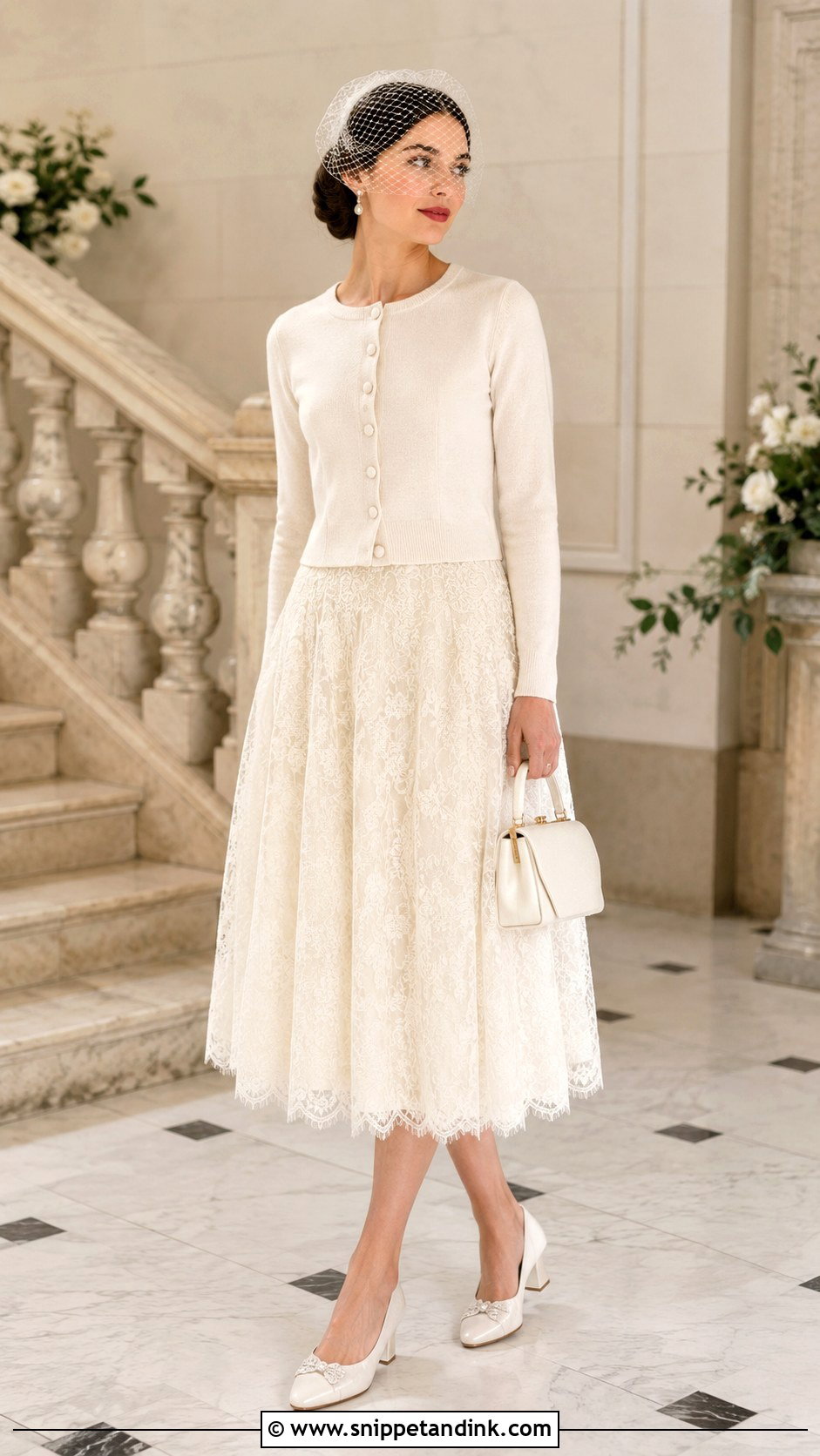 Vintage Bridal Cardigan With Tea Length Lace Dress - Snippet and Ink - 20 Bridal Cardigan Ideas