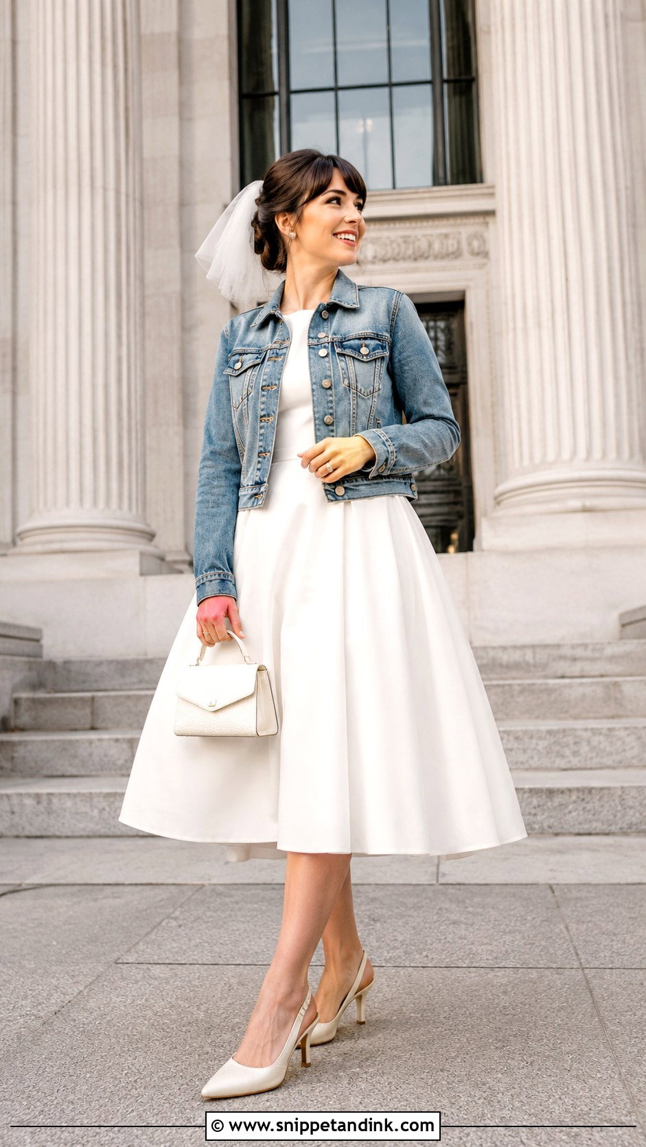 Vintage Bridal Denim Jacket With Tea Length Dress - Snippet and Ink - 20 Bridal Denim Jacket Ideas