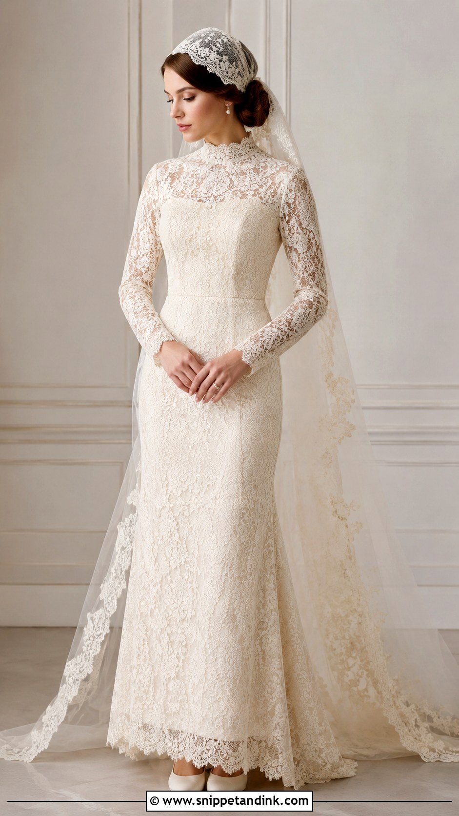 Vintage Cap Veil With High Neck Dress - Snippet and Ink - 25 Cap Veil Ideas