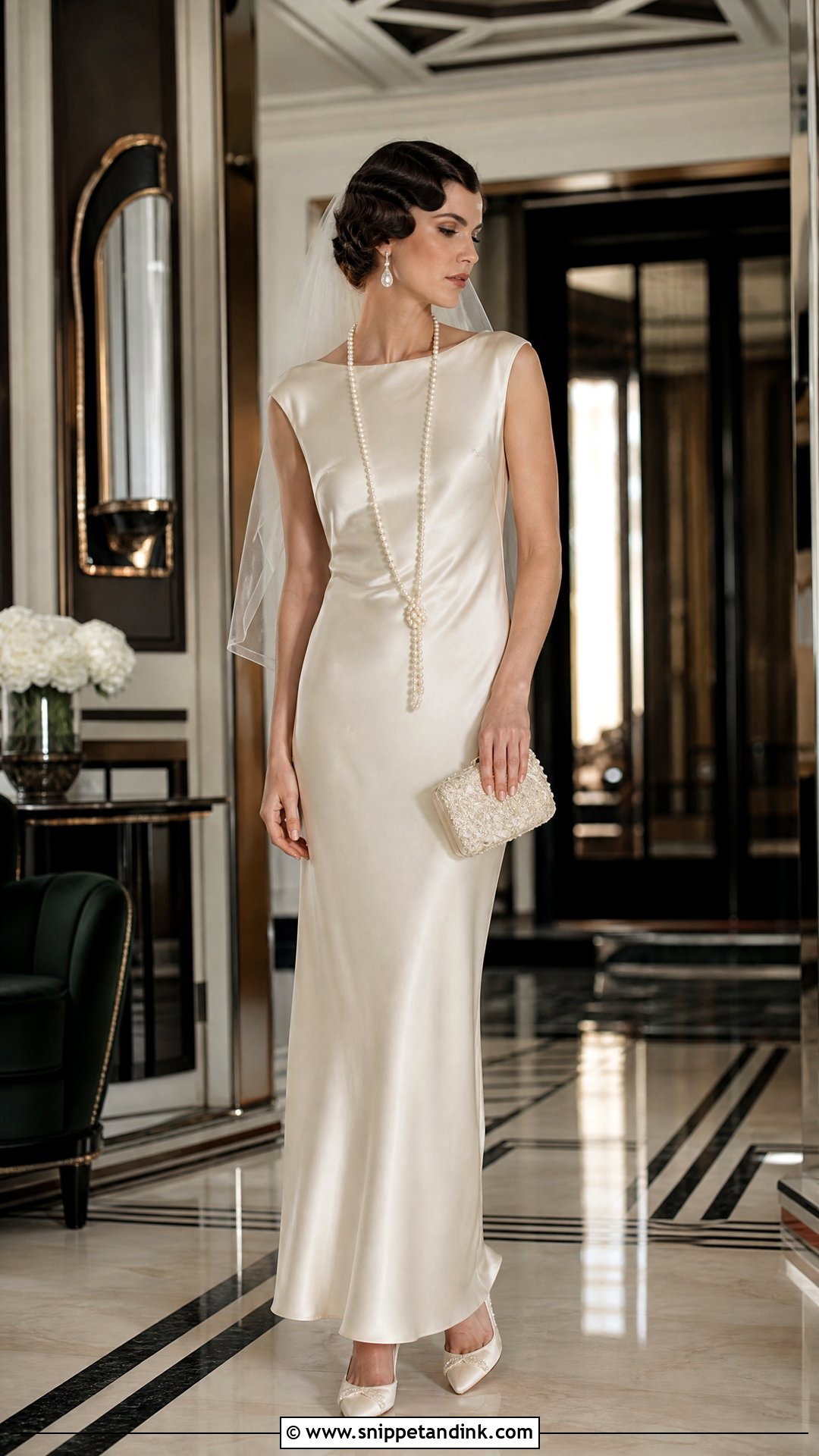 Vintage Column Wedding Dress With Long Pearl Necklace - Snippet and Ink - 20 Pearl Necklace Wedding Dress Ideas