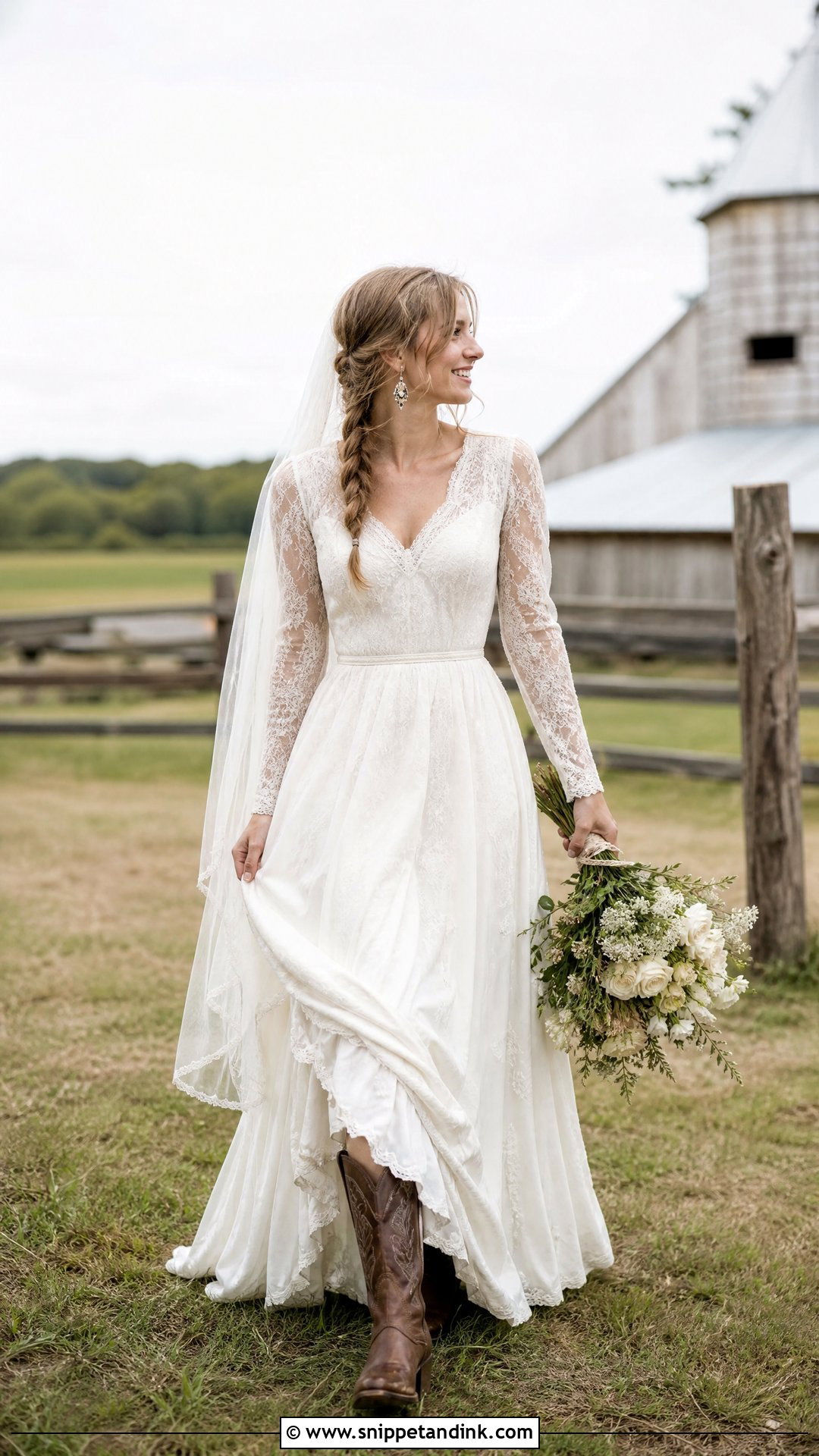 Vintage Cowgirl Boots With Prairie Wedding Dress - Snippet and Ink - 20 Wedding Cowgirl Boots for Bride Ideas