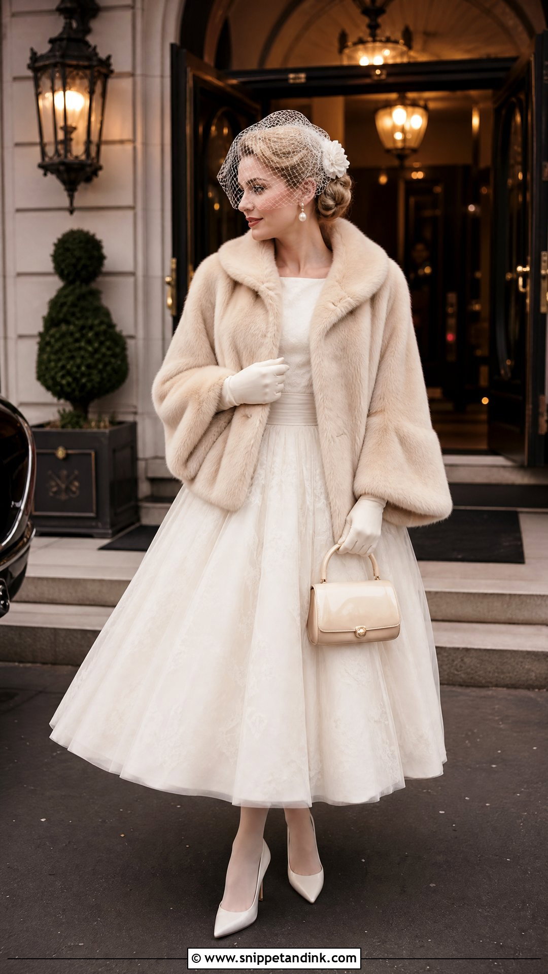 Vintage Fur Coat With Tea Length Wedding Dress - Snippet and Ink - 20 Wedding Fur Coat Ideas