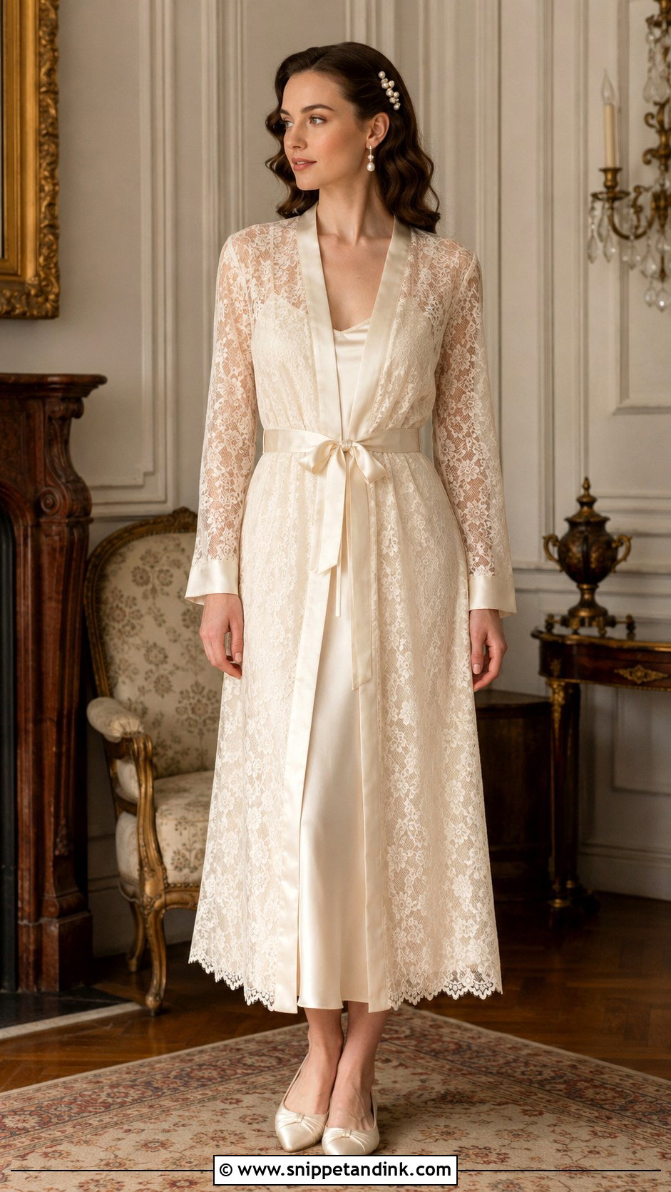 Vintage Lace Bridal Robe With Pearl Accessories - Snippet and Ink - 20 Lace Bridal Robe Ideas