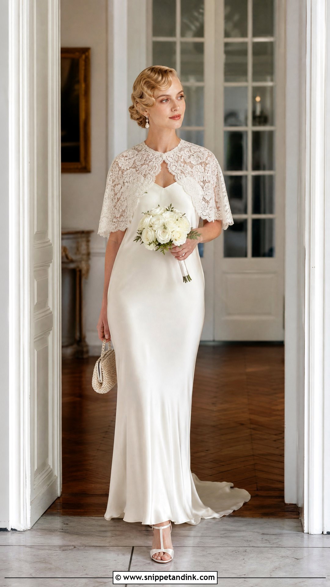 Vintage Lace Capelet With Bias Cut Wedding Dress - Snippet and Ink - 20 Wedding Dress Capelet Ideas