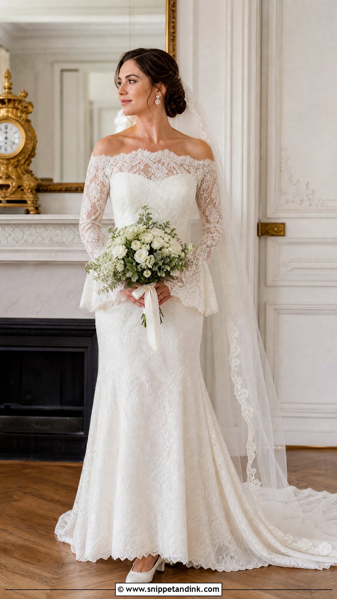 Vintage Lace Off the Shoulder Long Sleeve Wedding Dress - Snippet and Ink - 20 Off the Shoulder Long Sleeve Wedding Ideas