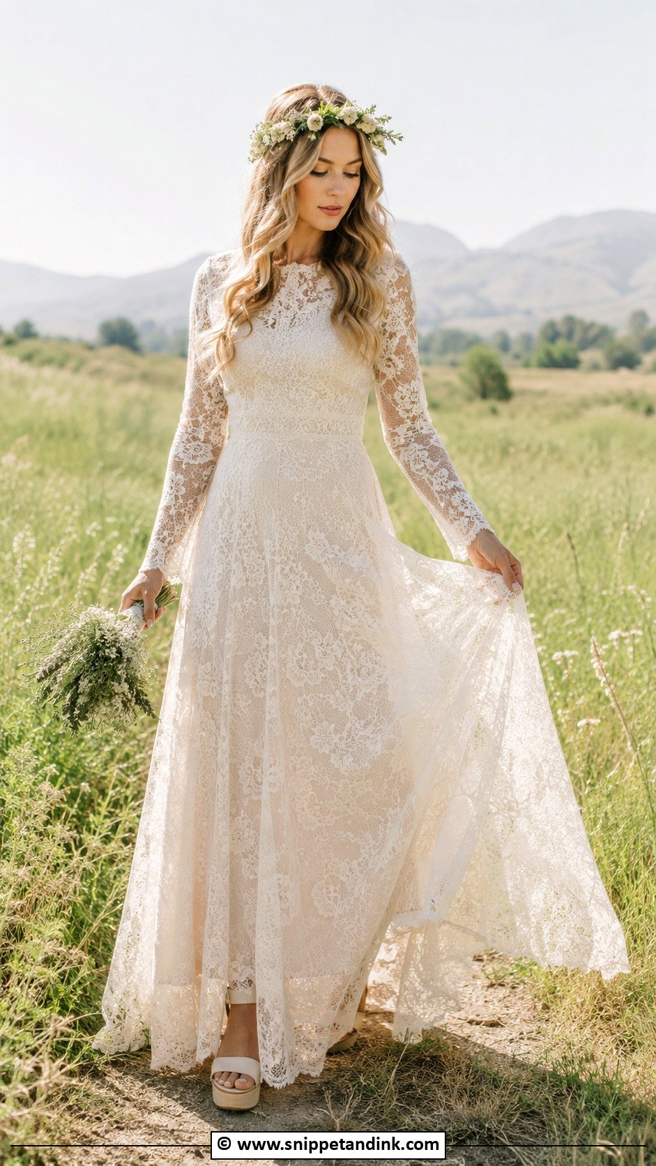 Vintage Lace Wedding Dress With Flower Crown - Snippet and Ink - 30 70s Wedding Dress Ideas