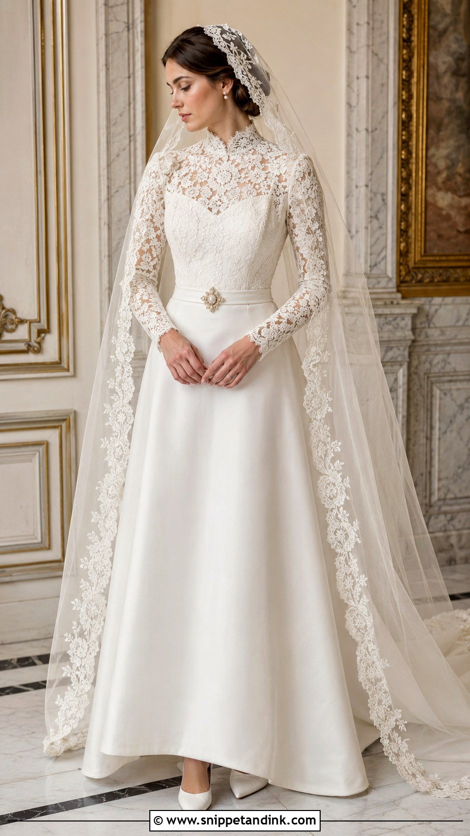 Vintage Mantilla Cathedral Veil With High Neck Gown - Snippet and Ink - 20 Mantilla Cathedral Veil Ideas