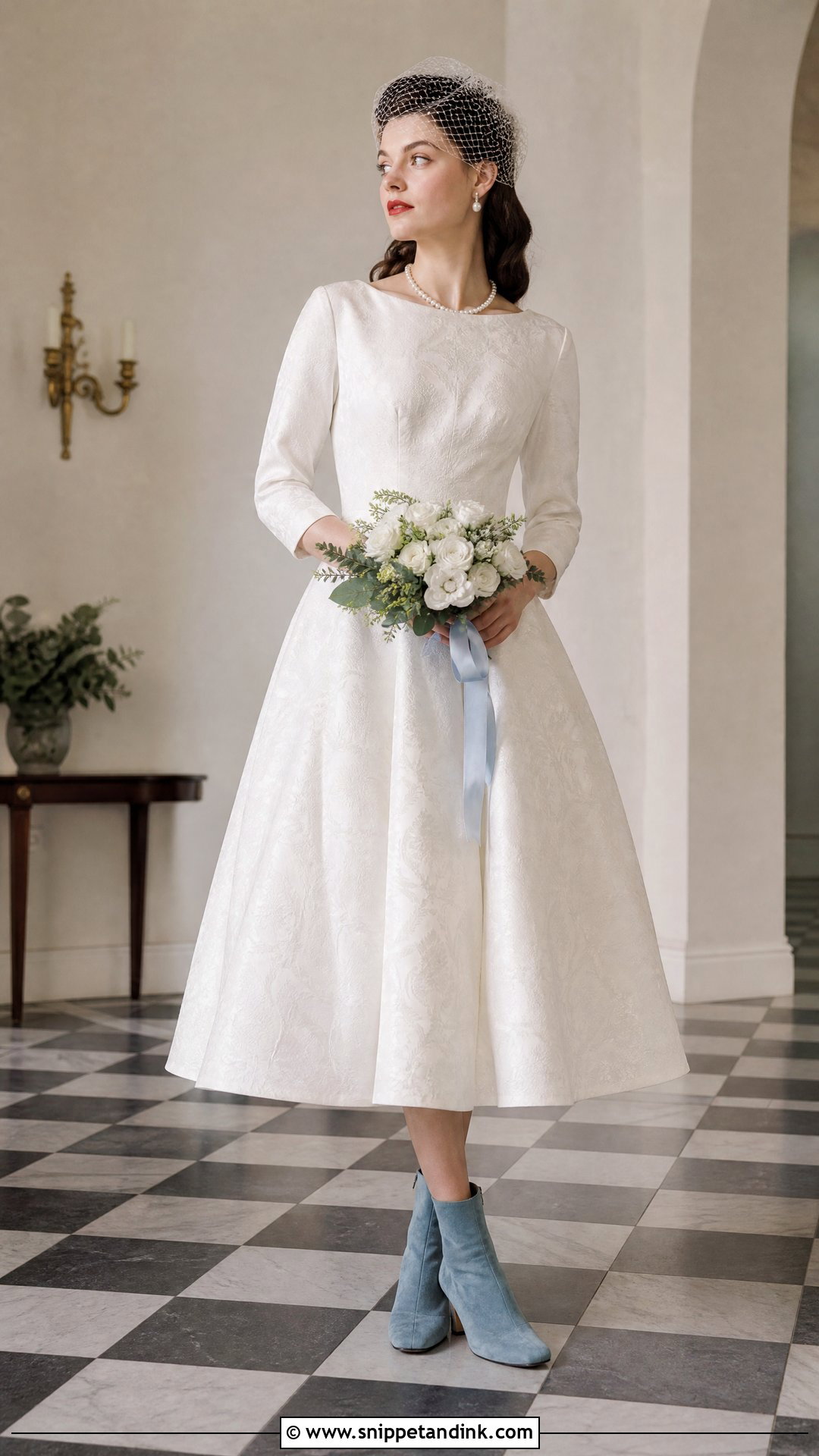 Vintage Midi Wedding Dress With Blue Suede Boots - Snippet and Ink - 20 Wedding Dress Boots Ideas
