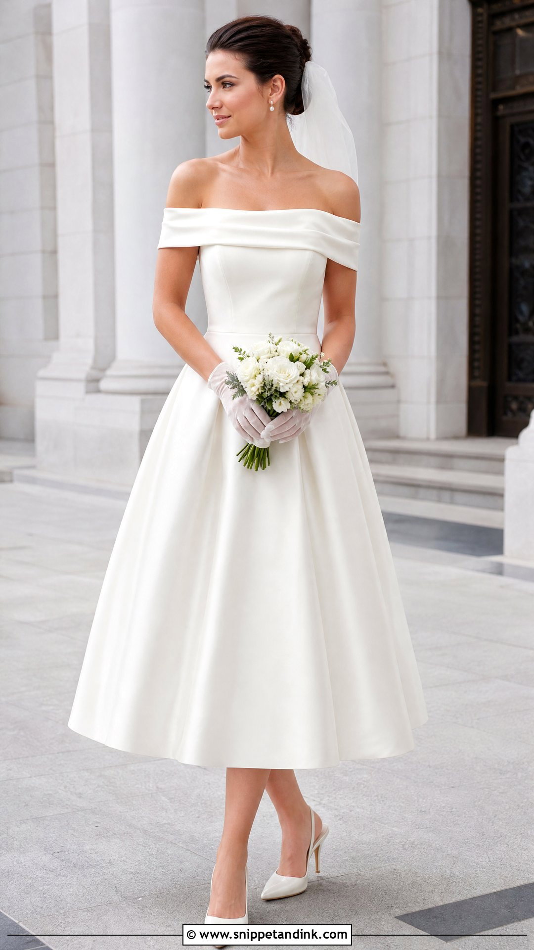 Vintage Off Shoulder Tea Length Bridal Dress - Snippet and Ink - 20 Off Shoulder Bridal Dress Ideas