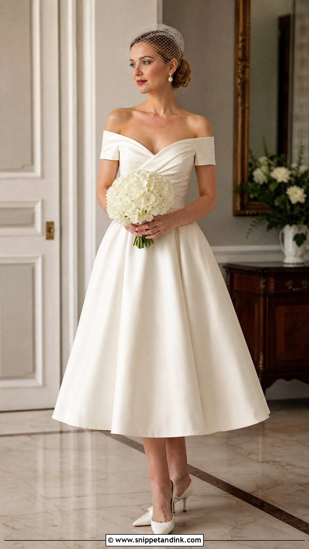Vintage Off the Shoulder Tea Length Wedding Dress - Snippet and Ink - 20 Wedding Dress Off the Shoulder Sleeves