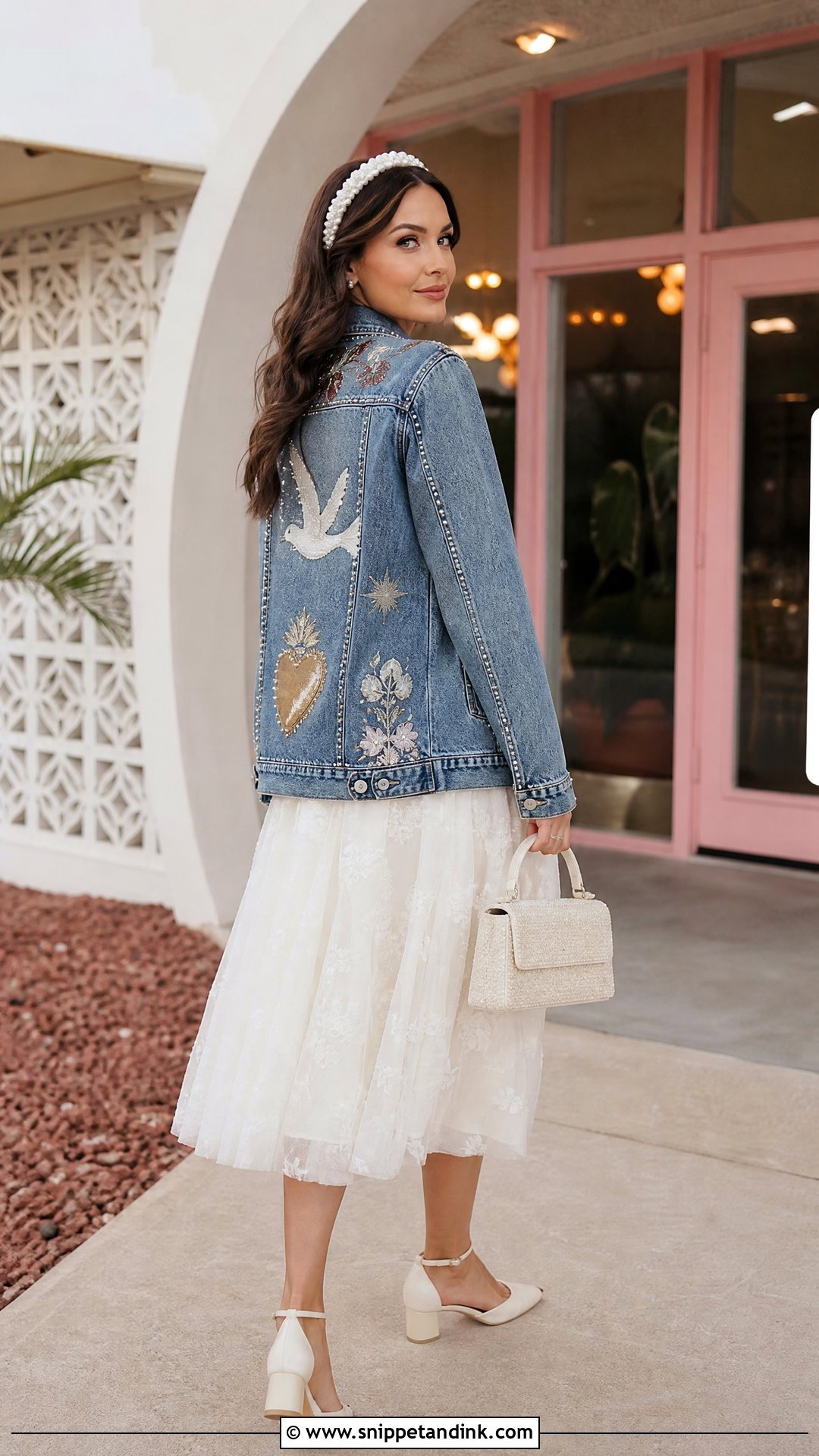 Vintage Patch Wedding Jean Jacket With Tea Dress - Snippet and Ink - 20 Wedding Jean Jacket Ideas