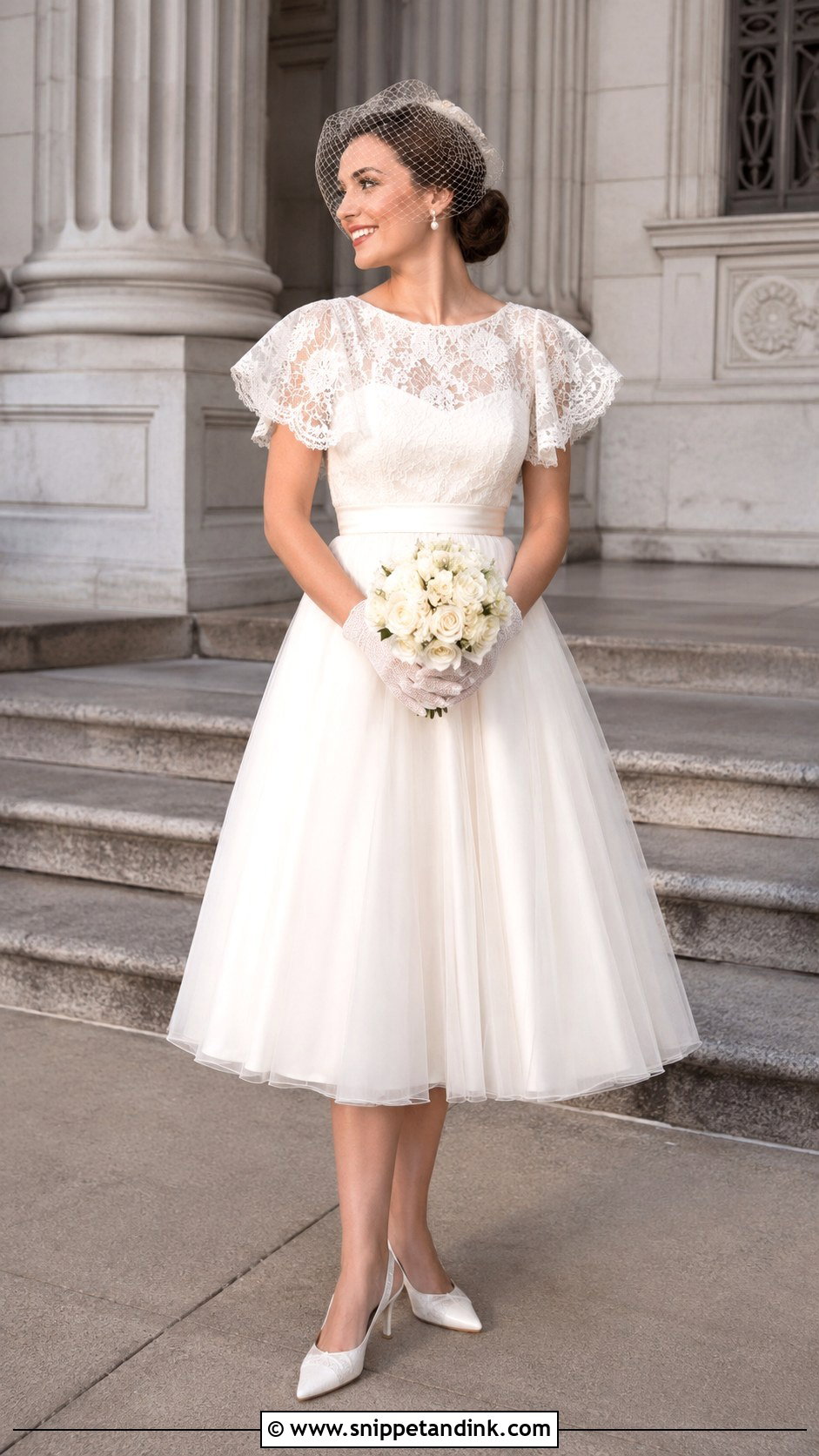 Vintage Tea Length Butterfly Sleeve Wedding Dress - Snippet and Ink - 20 Butterfly Sleeve Wedding Dress Ideas