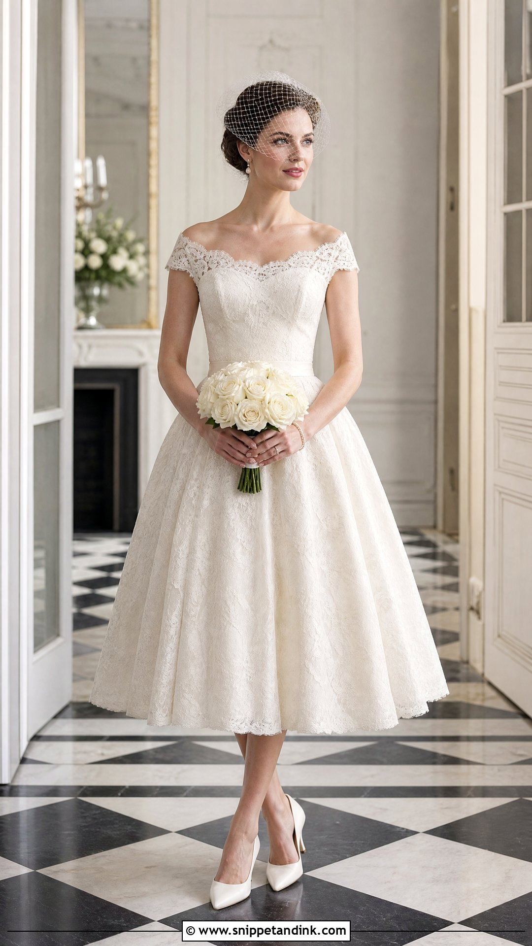 Vintage Tea Length Over the Shoulder Wedding Dress - Snippet and Ink - 20 Over the Shoulder Wedding Dress Ideas