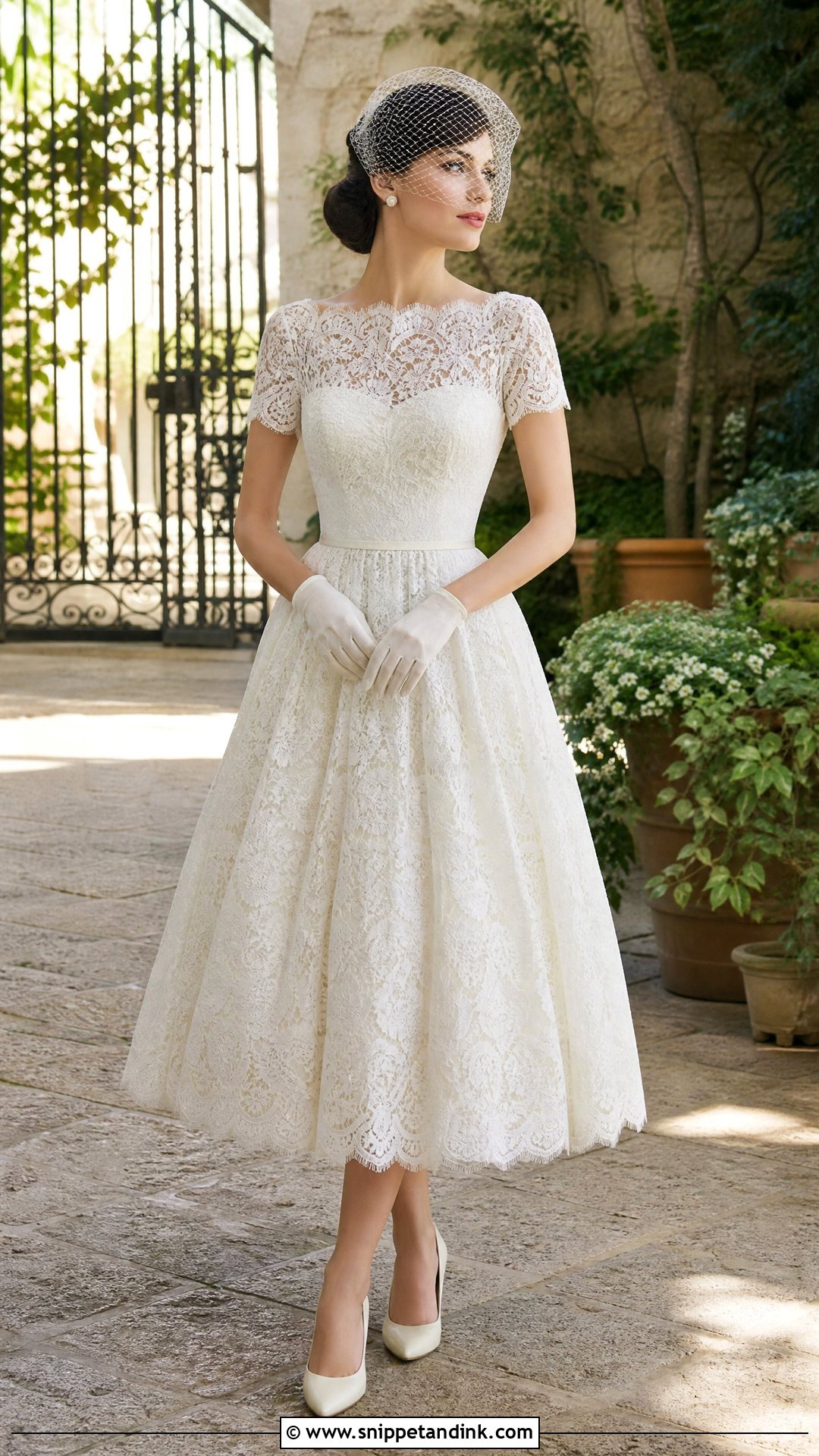 Vintage Tea Length Short Sleeve Lace Wedding Dress - Snippet and Ink - 20 Short Sleeve Lace Wedding Dress Ideas