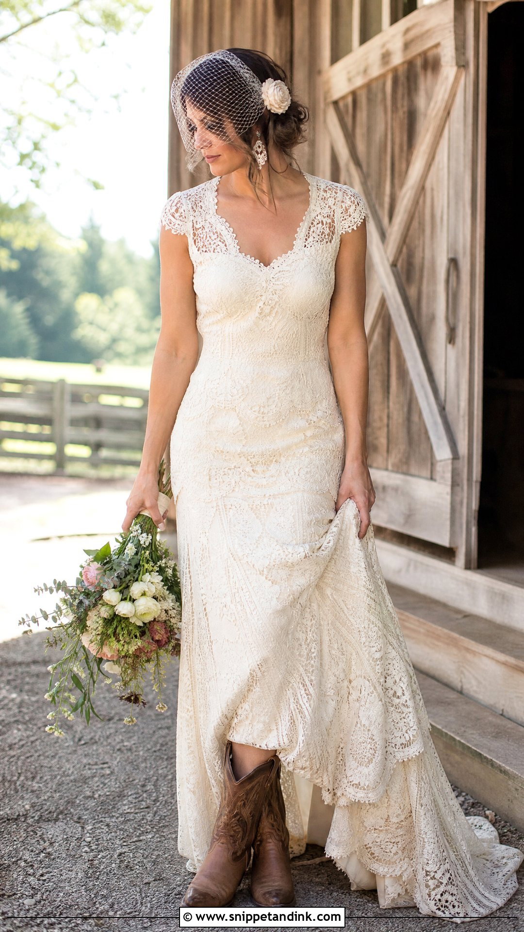 Vintage Wedding Dress With Distressed Cowboy Boots - Snippet and Ink - 20 Wedding Dress and Cowboy Boots Ideas