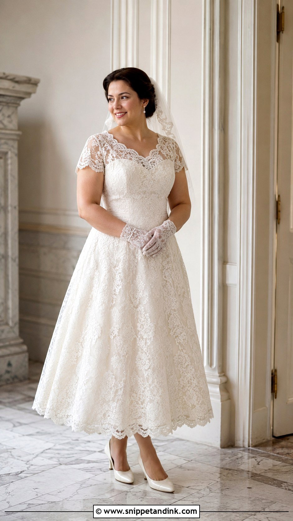Vintage Wedding Dress With Lace Gloves - Snippet and Ink - 30 Midsize Wedding Dress Ideas