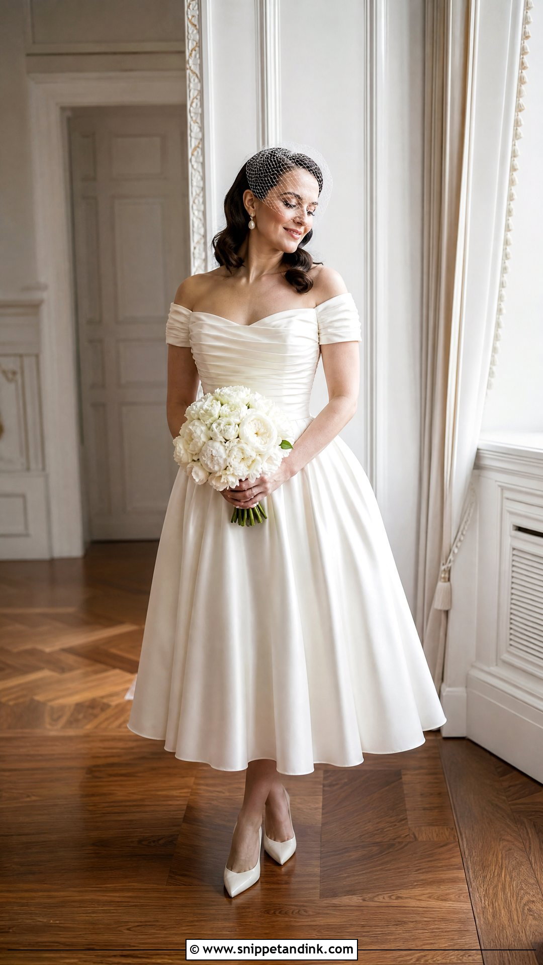 Vintage Wedding Dress With Ruched Off Shoulder Sleeves - Snippet and Ink - 20 Wedding Dress Off Shoulder Sleeves