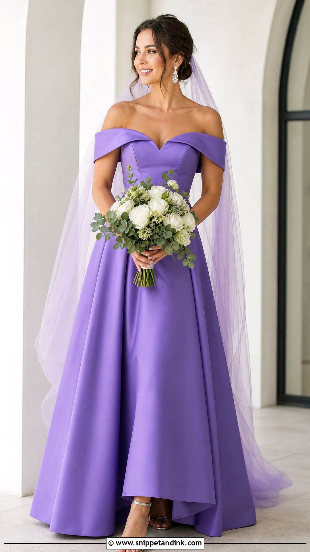 Violet Off Shoulder Bridal Dress - Snippet and Ink - 20 Purple Bridal Dress Ideas