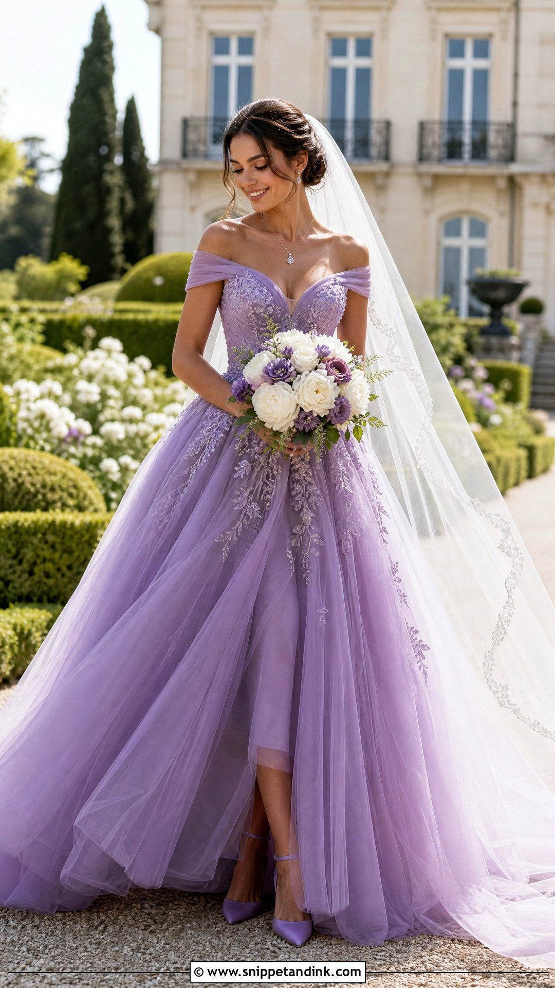 Violet Off The Shoulder Wedding Dress - Snippet and Ink - 20 Violet Wedding Dress Ideas