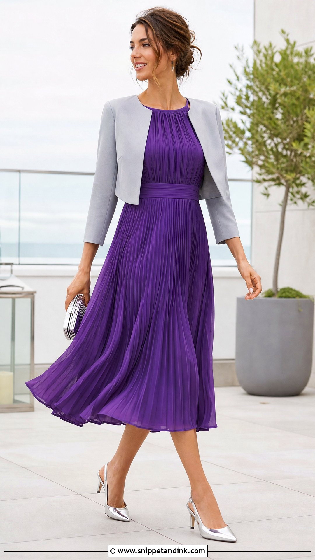 Violet Pleated Midi Dress With Silver Clutch - Snippet and Ink - 20 Purple Dresses for Wedding