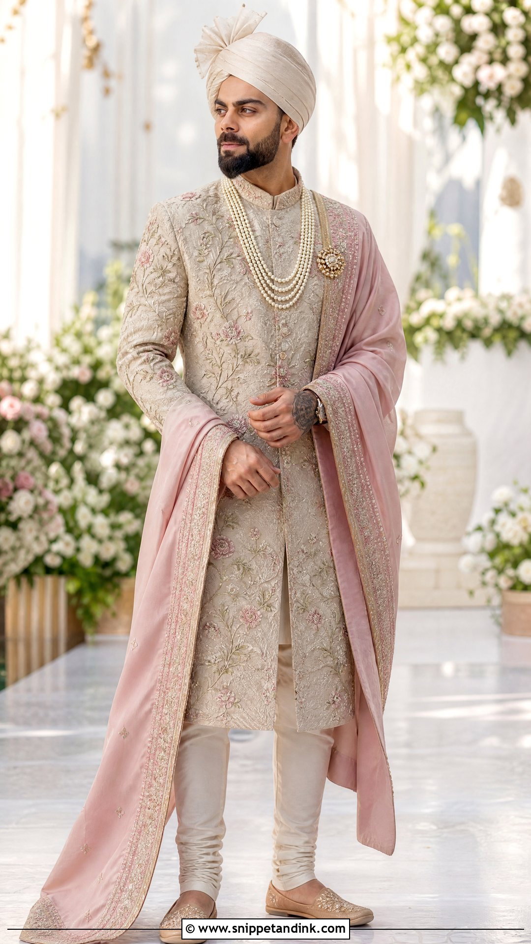 Virat Kohli Beige Floral Sherwani Outfit - Snippet and Ink - 20 Virat Kohli Wedding Outfit Ideas