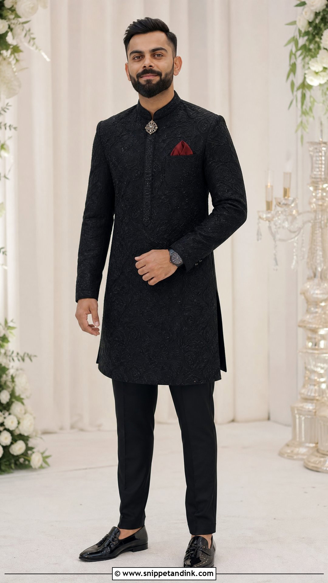 Virat Kohli Black Embroidered Kurta Outfit - Snippet and Ink - 20 Virat Kohli Wedding Outfit Ideas