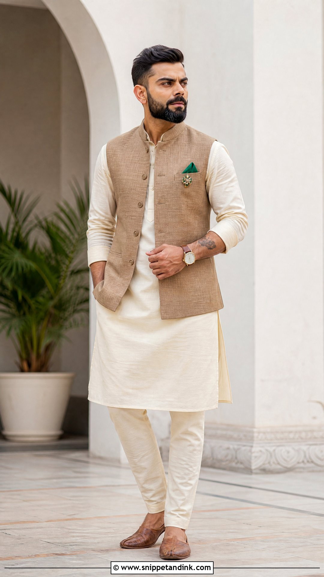 Virat Kohli Cream Kurta With Tan Nehru Jacket - Snippet and Ink - 20 Virat Kohli Wedding Outfit Ideas