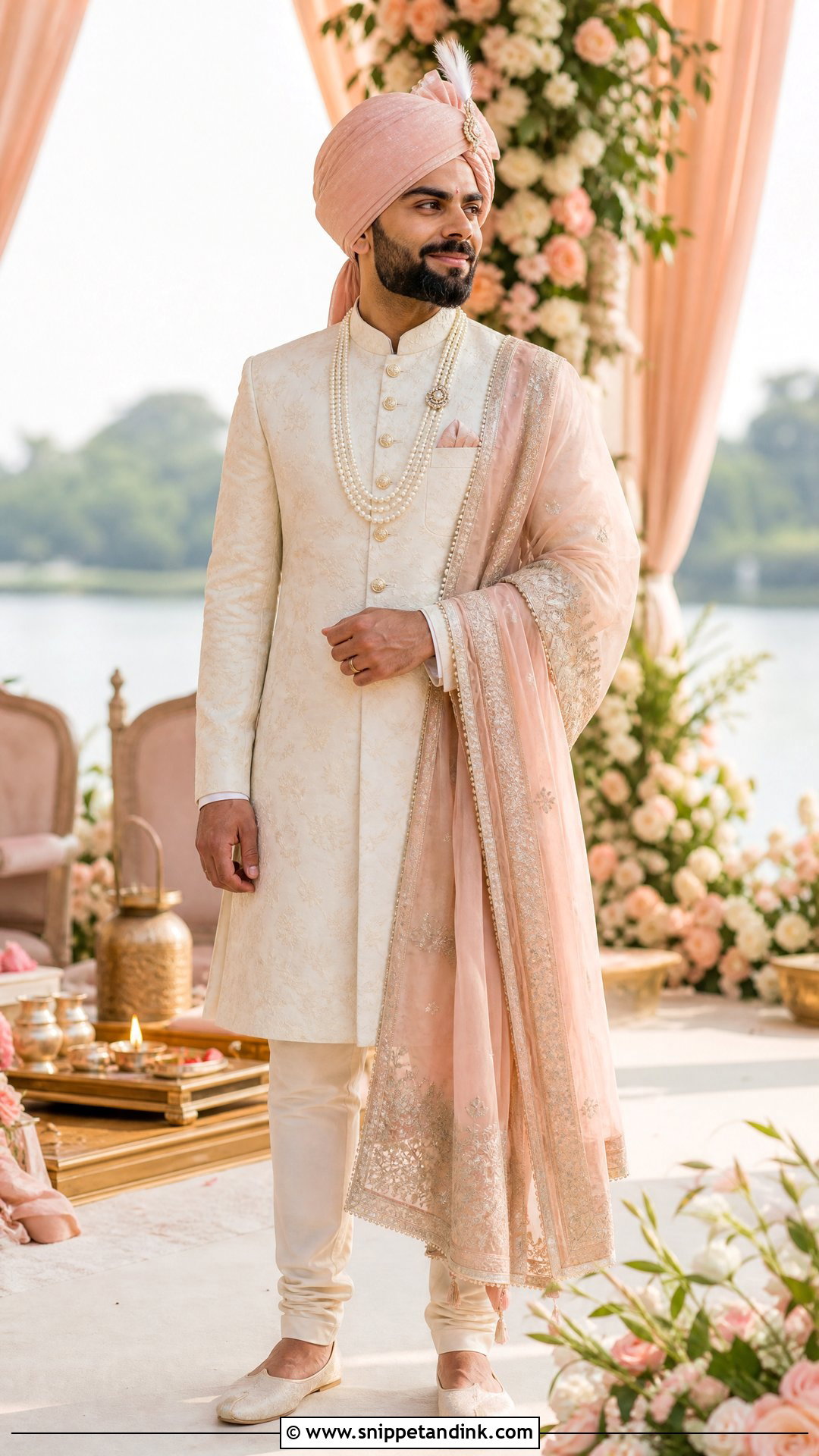 Virat Kohli Ivory Bandhgala With Blush Safa - Snippet and Ink - 20 Virat Kohli Wedding Outfit Ideas