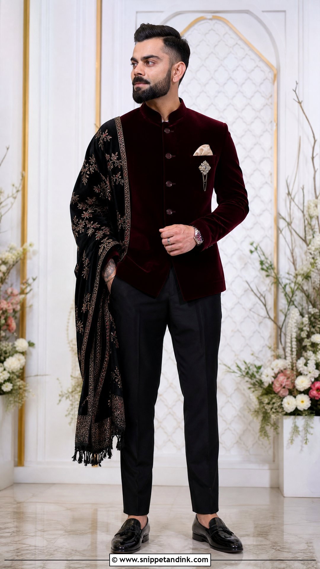 Virat Kohli Maroon Velvet Bandhgala Outfit - Snippet and Ink - 20 Virat Kohli Wedding Outfit Ideas