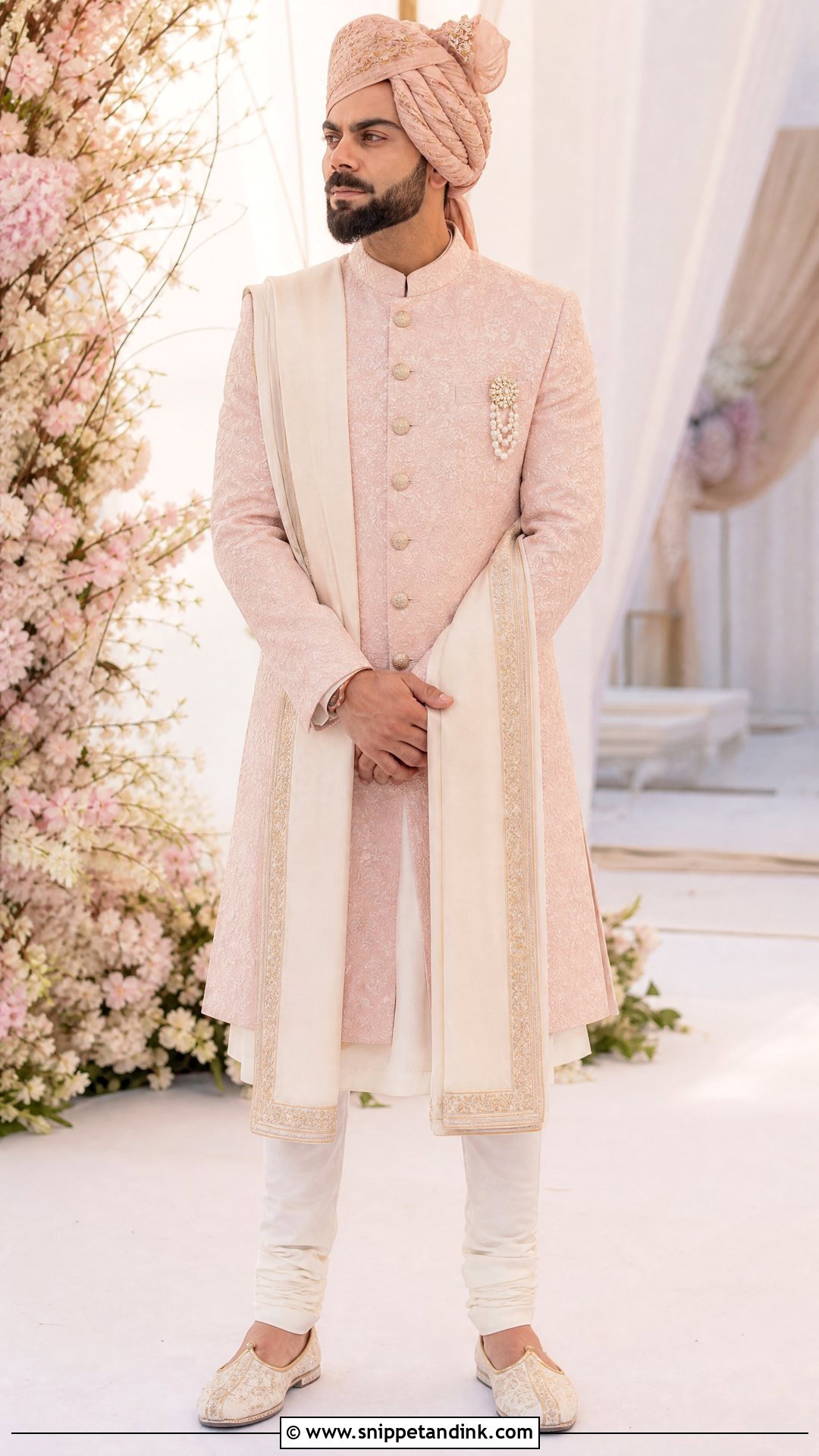Virat Kohli Pastel Pink Achkan Outfit - Snippet and Ink - 20 Virat Kohli Wedding Outfit Ideas