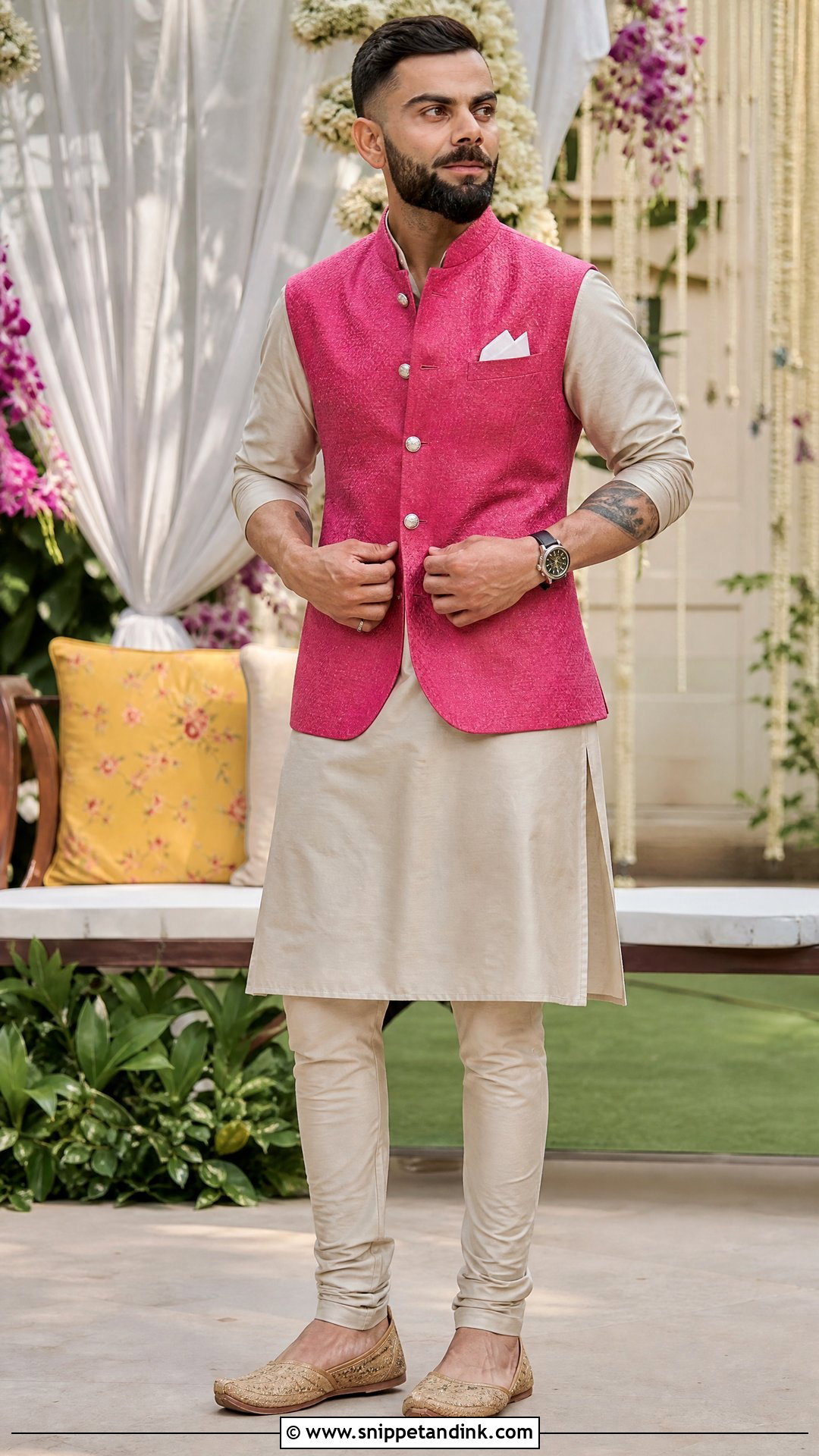 Virat Kohli Pink Nehru Jacket Mehndi Outfit - Snippet and Ink - 20 Virat Kohli Wedding Outfit Ideas