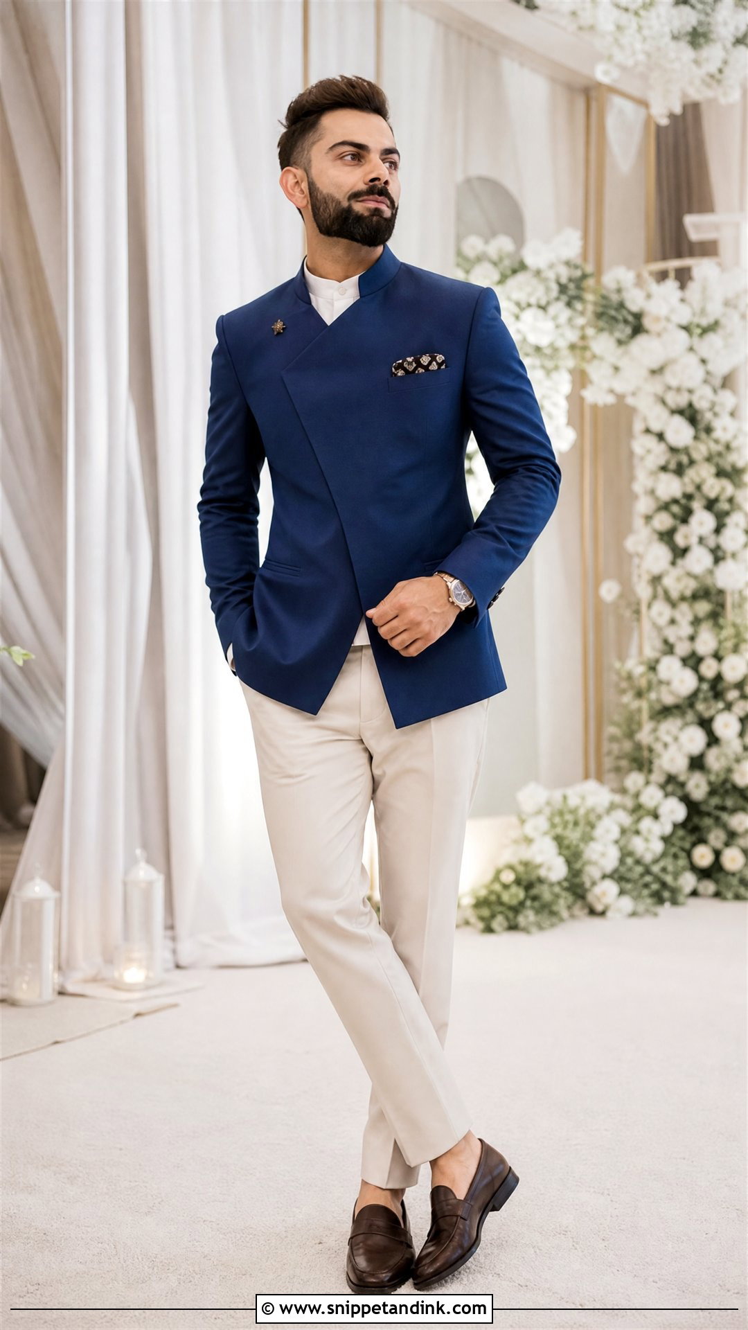Virat Kohli Royal Blue Asymmetric Bandhgala Outfit - Snippet and Ink - 20 Virat Kohli Wedding Outfit Ideas