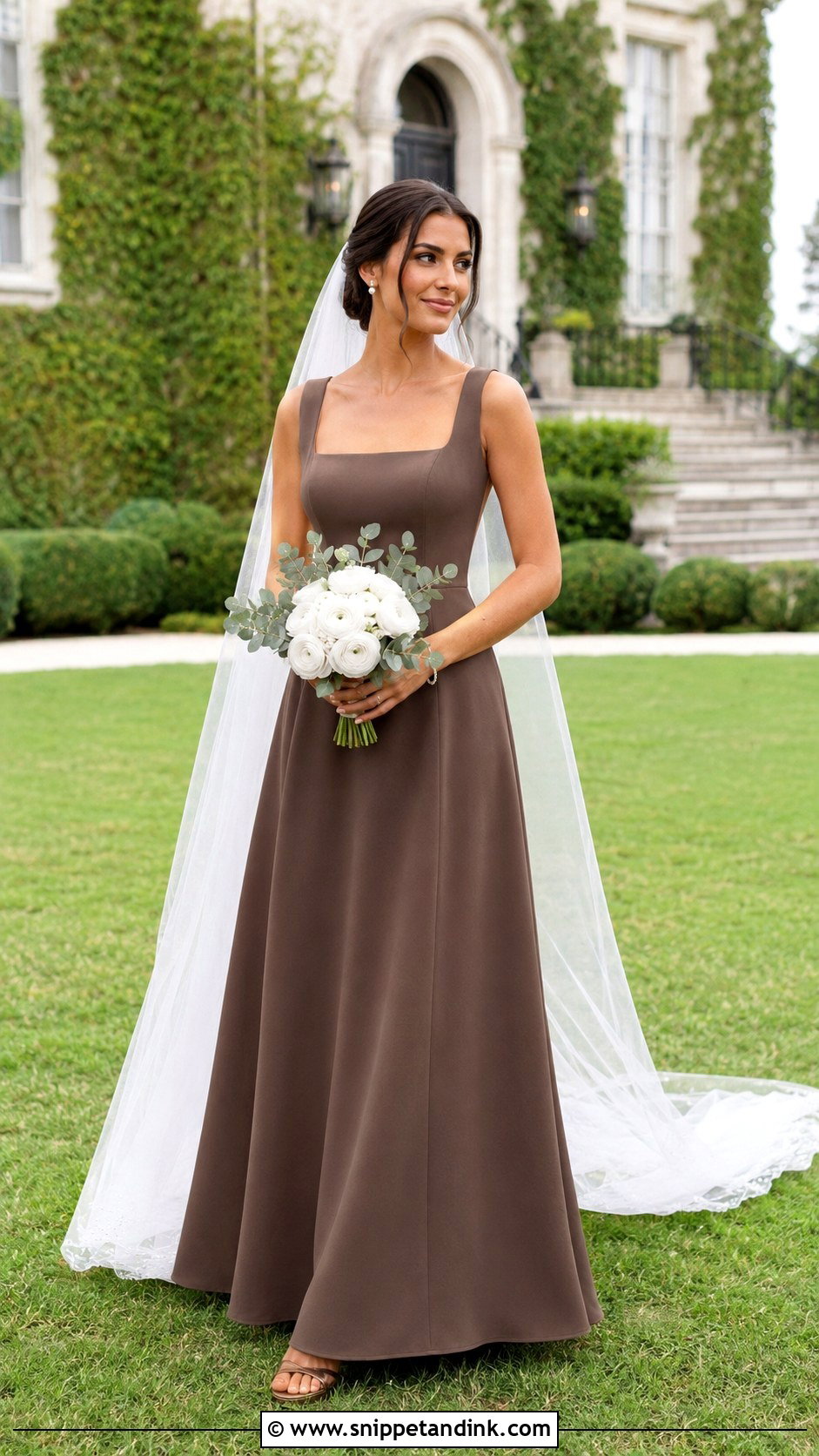 Walnut Brown Square Neck Wedding Dress - Snippet and Ink - 20 Brown Wedding Dresses