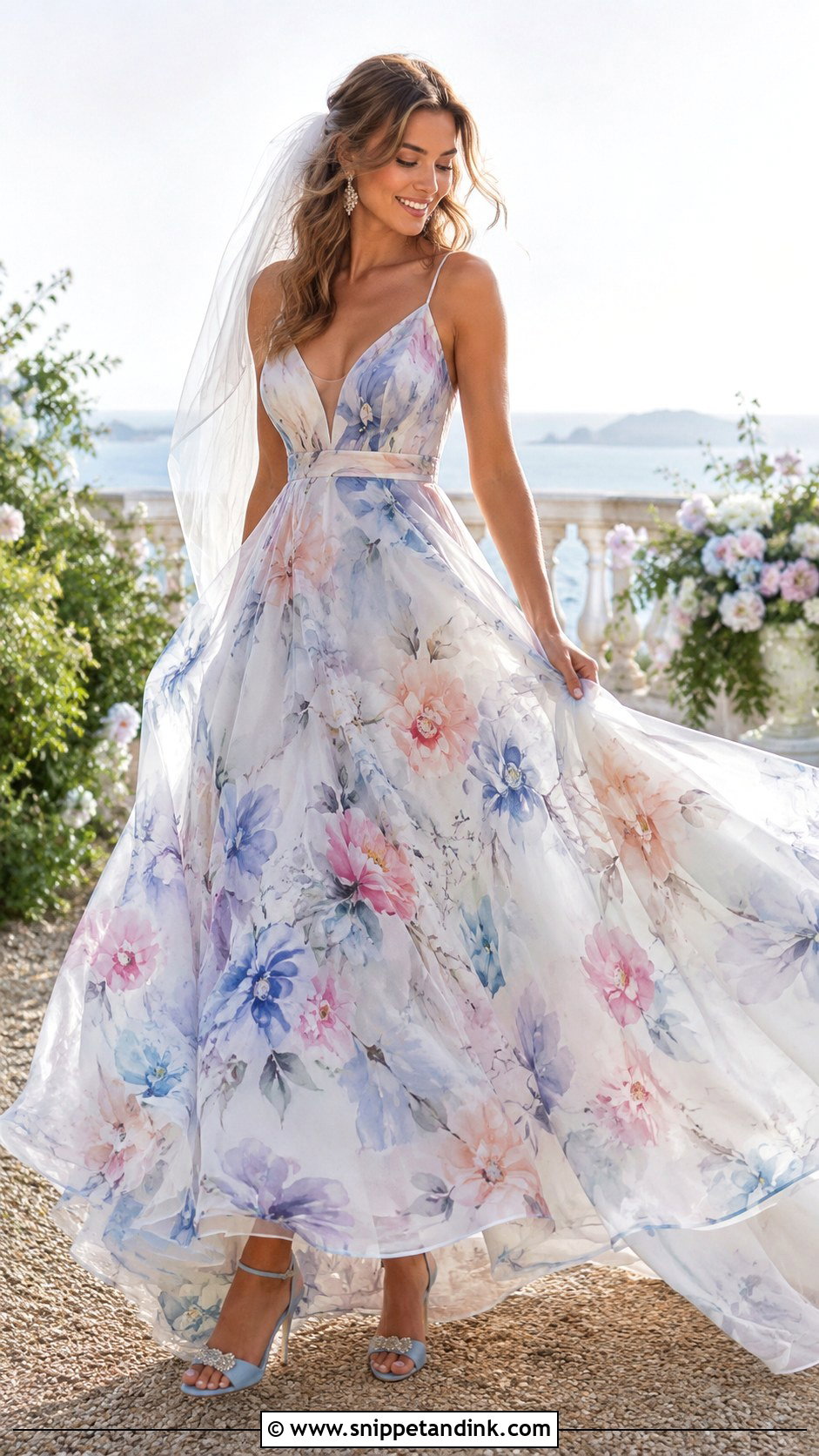 Watercolor Floral Wedding Dress - Snippet and Ink - 20 Floral Print Wedding Dress Ideas