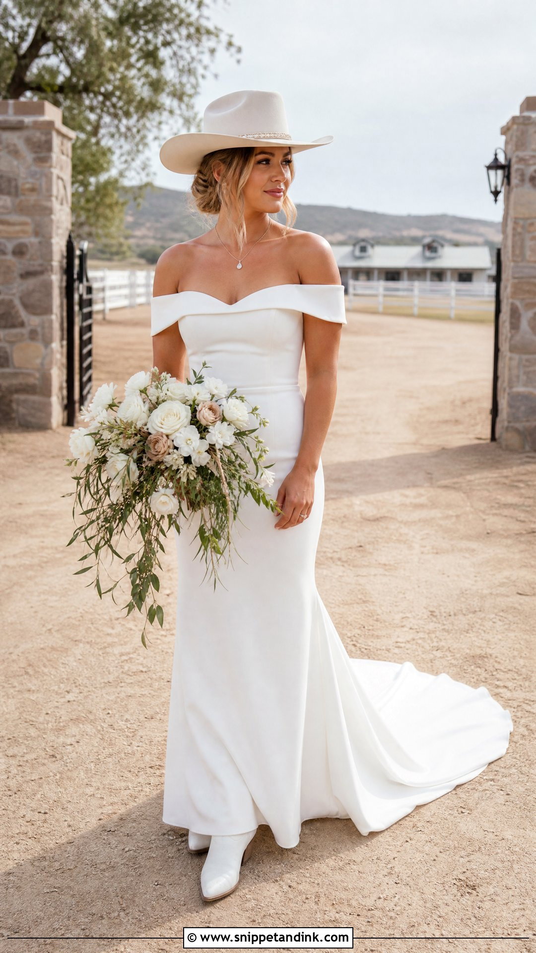 Wedding Cowgirl Hat With Off Shoulder Gown - Snippet and Ink - 20 Wedding Cowgirl Hat Ideas